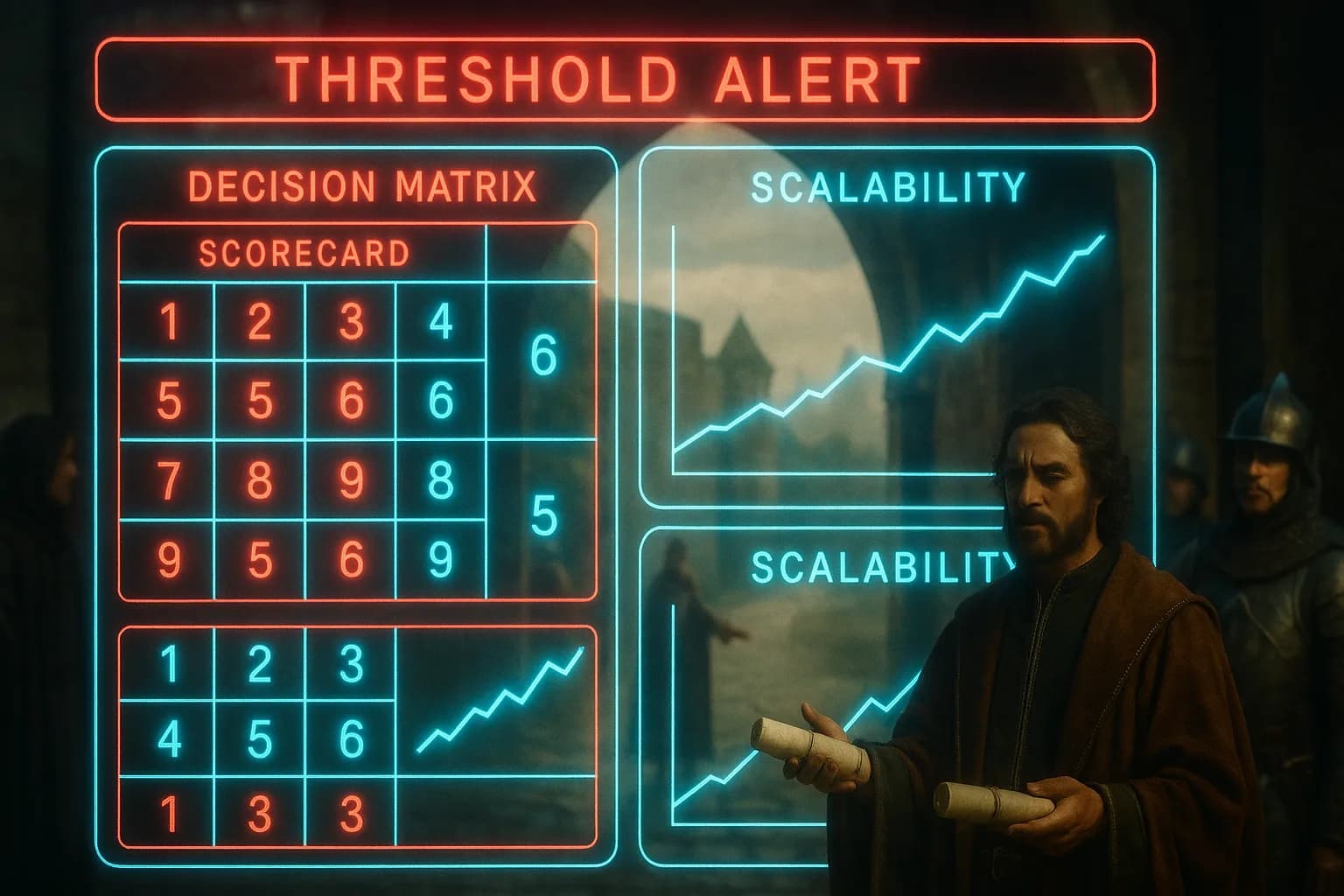 A neon holographic platform-evaluation dashboard glowing with red and cyan panels fills the frame before a softly blurred medieval city gate, where a nobleman weighs two scrolls at a threshold while decision-matrix scorecards and scalability graphs glow across the HUD.