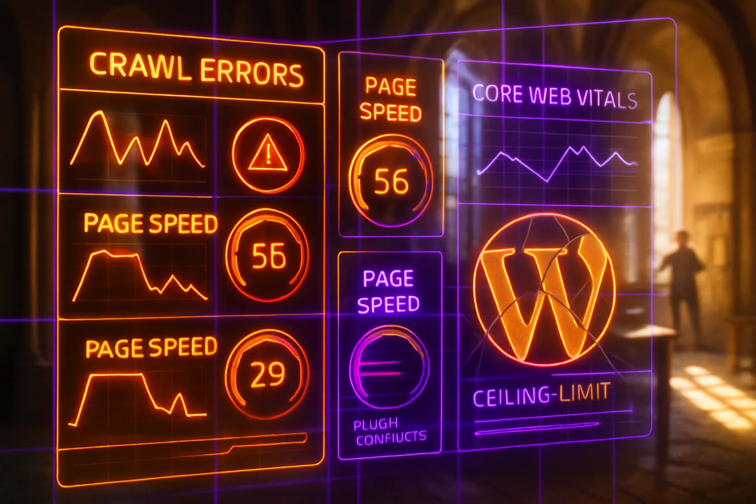 A neon holographic SEO audit dashboard illustrating WordPress SEO problems against a bright sunlit medieval great hall background.