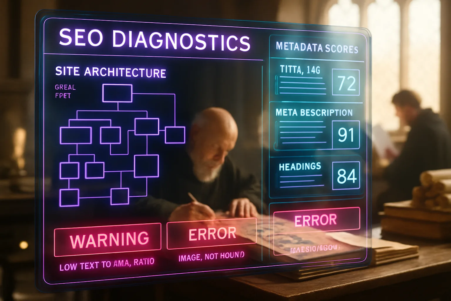 A glowing violet and turquoise holographic SEO diagnostic dashboard fills the foreground while a bright sunlit medieval scriptorium with monks writing at desks is visible softly blurred behind the panels.