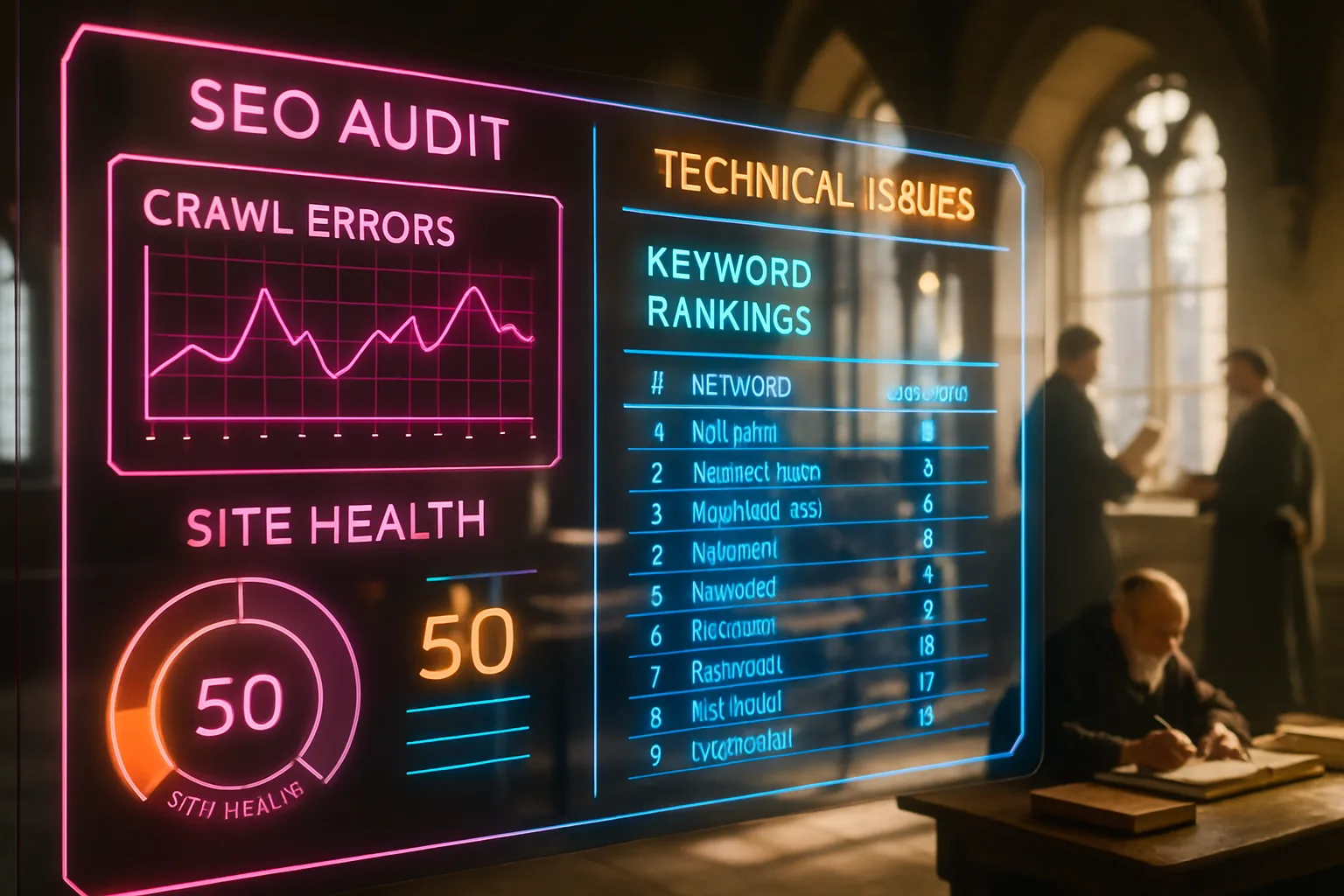 A neon holographic SEO dashboard glowing with pink, blue, and amber panels fills the frame in front of a sunlit medieval guild hall — illustrating what an accounting firm SEO audit reveals about site health and keyword performance.