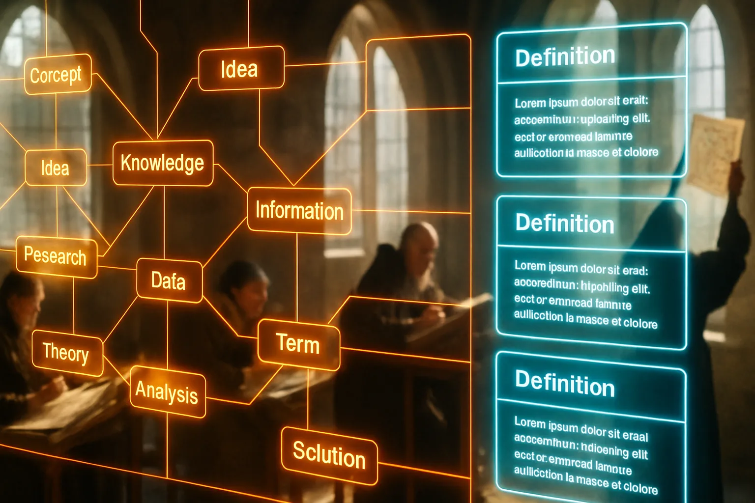 A neon amber and turquoise knowledge-mapping dashboard fills the frame while a sunlit medieval scriptorium with monks illuminating manuscripts glows softly behind it.