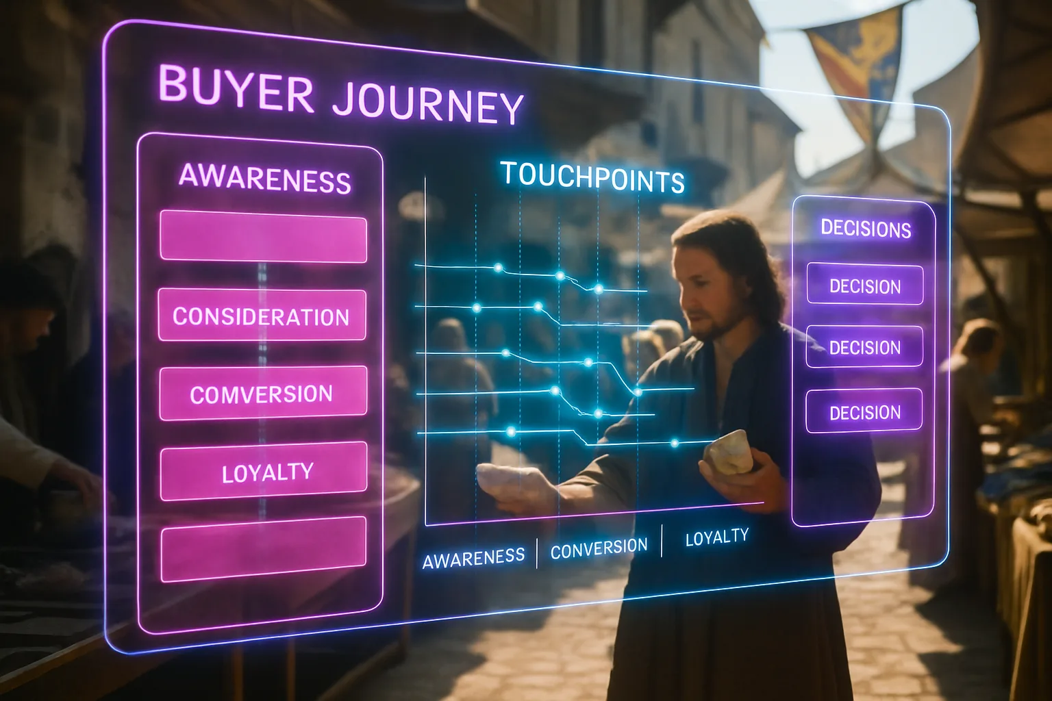 A neon magenta and cyan buyer-journey dashboard dominates the foreground while a busy sunlit medieval market square with merchants and townspeople comparing goods glows behind it.