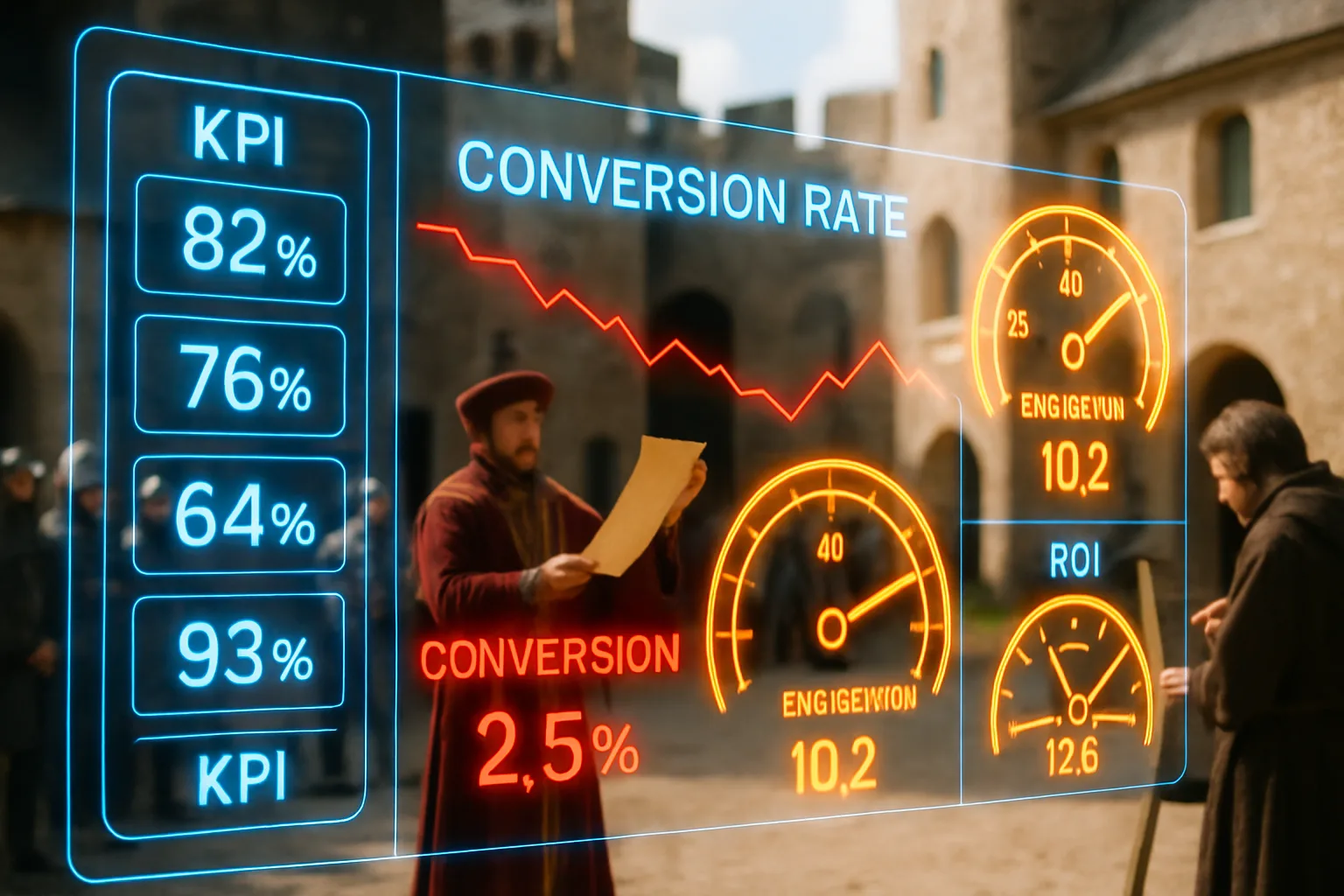 A neon electric blue and orange performance measurement dashboard fills the frame while a bright medieval castle courtyard with a herald announcing results to assembled nobles glows softly behind it.