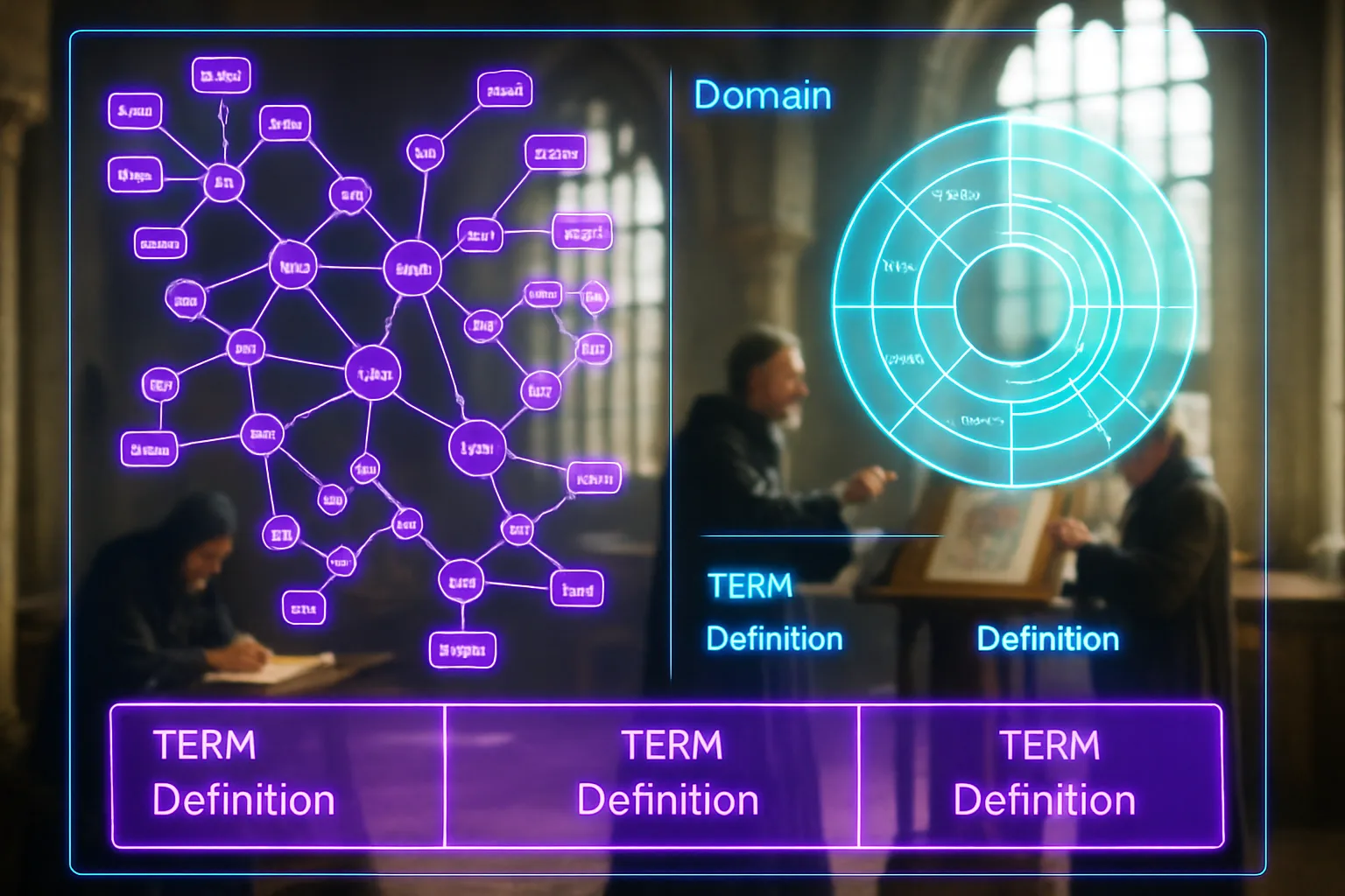 A neon violet and turquoise holographic link taxonomy diagram fills the frame while sunlit medieval scribes study manuscripts in a bright scriptorium behind it.