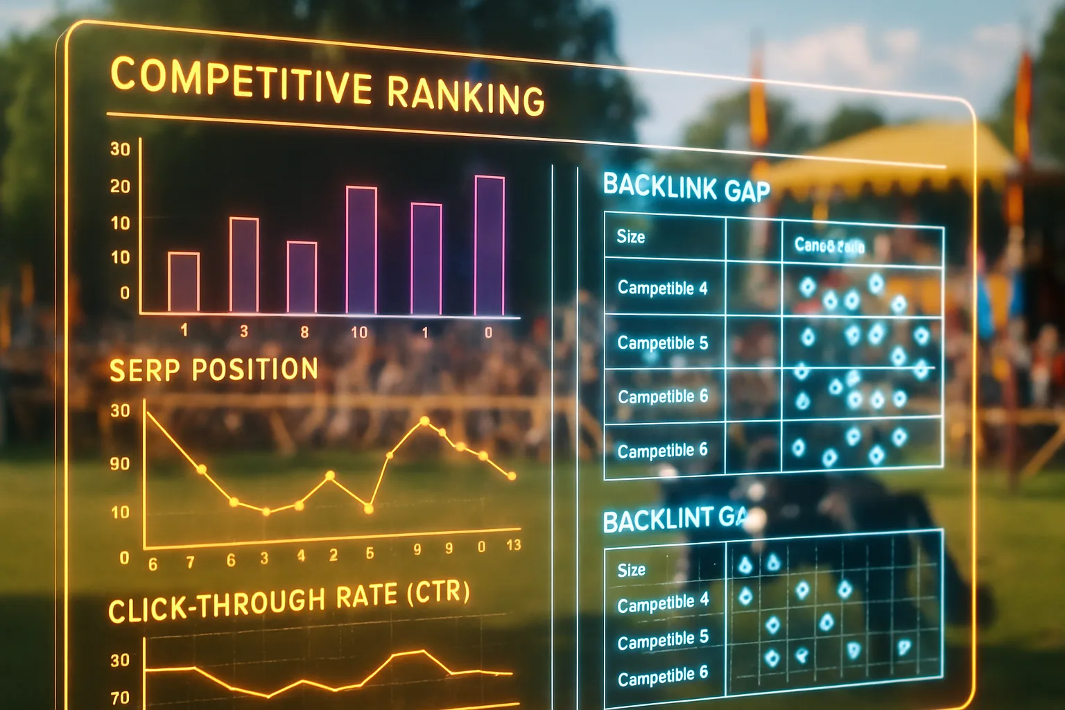 A neon orange and cyan holographic competitive rankings dashboard glows in the foreground while sunlit medieval knights prepare for a tournament on a bright open field behind it.