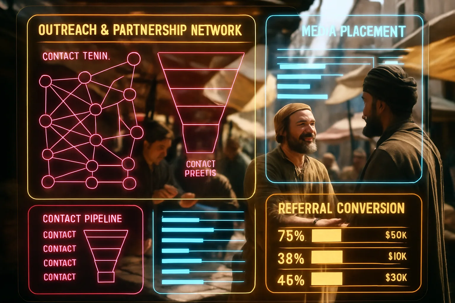 A neon hot pink and amber gold holographic outreach network dashboard fills the frame while sunlit medieval merchants shake hands and finalise a trade agreement in a bright market square behind it.