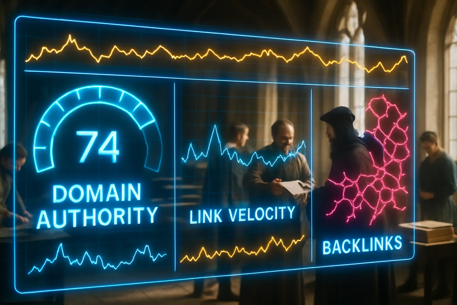 A neon holographic B2B link building authority dashboard glows in the foreground while sunlit medieval guild hall merchants exchange sealed documents behind it.