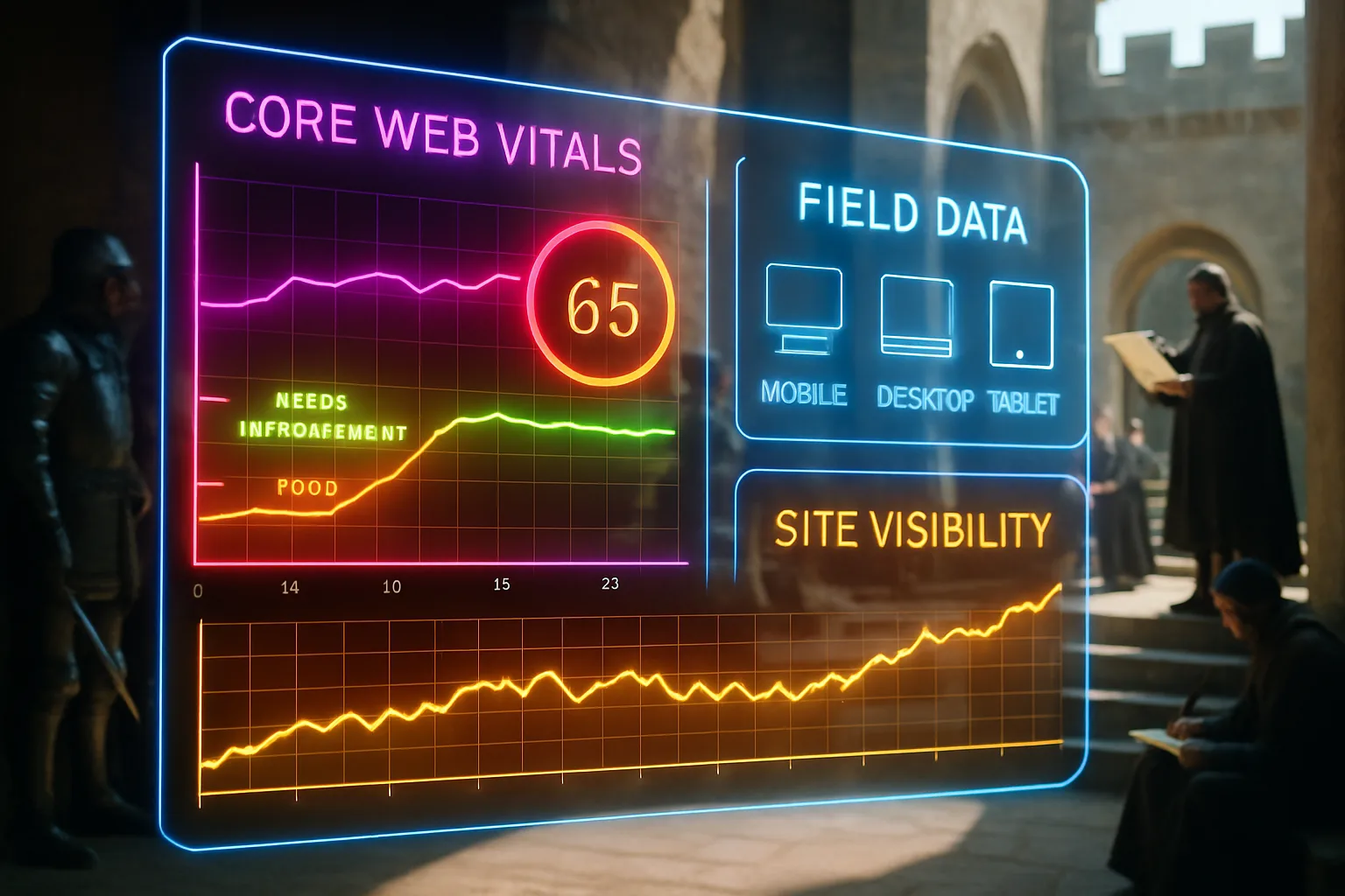 A neon holographic ranking-analytics HUD in red, magenta, electric blue, and amber gold shows Core Web Vitals score bands and site-visibility forecasts, with a sunlit medieval castle courtyard and a herald reading a proclamation glowing softly behind the panels.