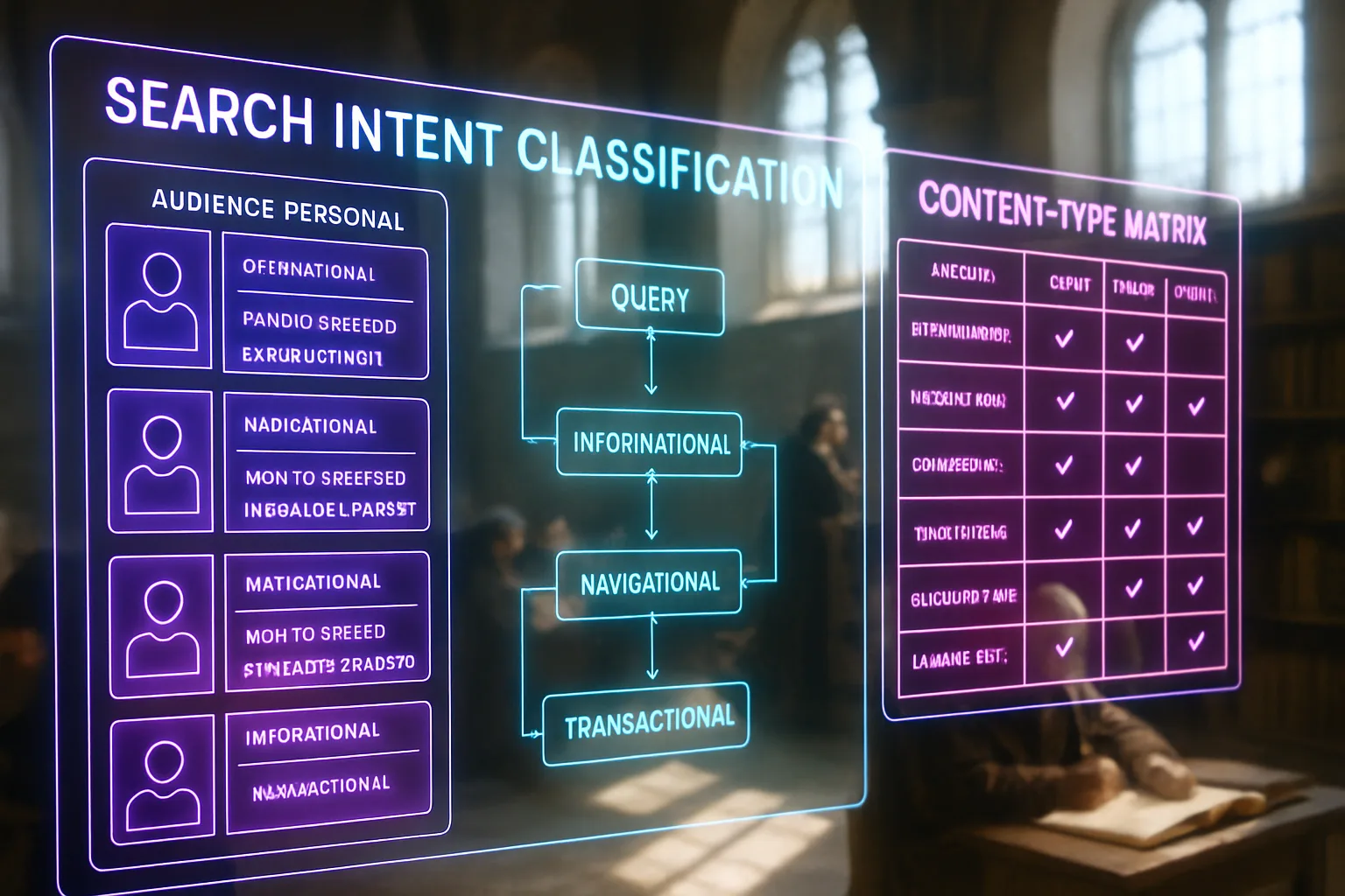 A neon violet and turquoise holographic search intent dashboard glows in the foreground while sunlit medieval scholars work on manuscripts in a bright scriptorium behind it.