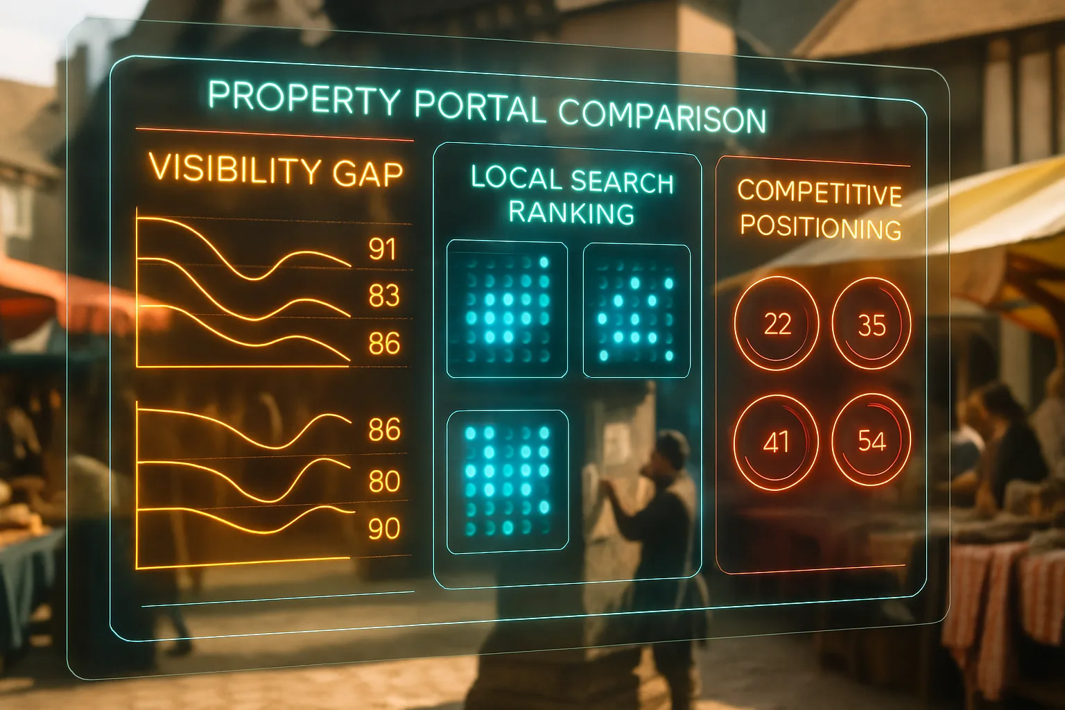 A neon orange and cyan holographic portal comparison dashboard glows prominently while a bustling sunlit medieval market square with traders and townsfolk fills the blurred background.