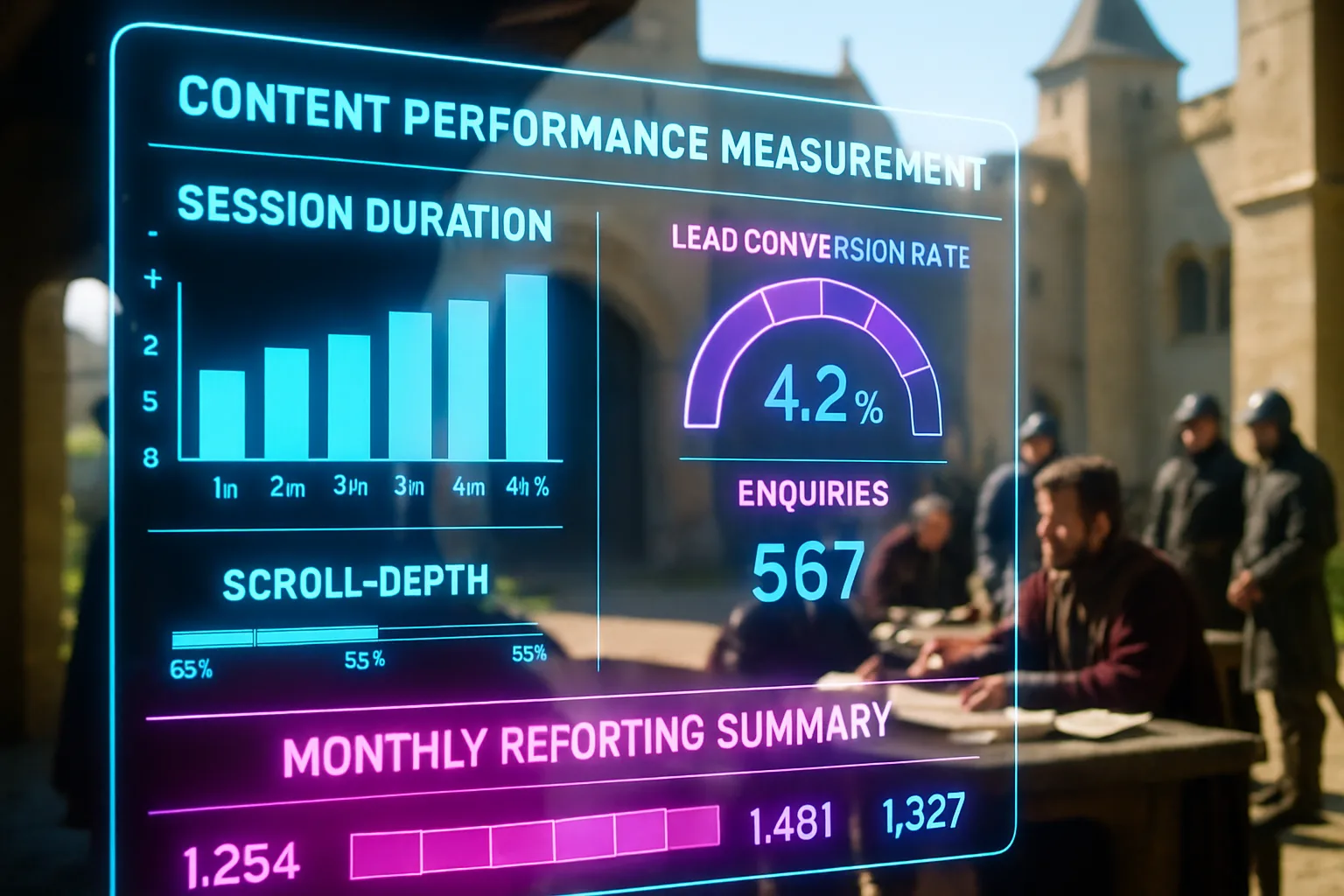 A neon blue and purple holographic content performance measurement dashboard fills the frame while a sunlit medieval castle courtyard with a steward presenting ledgers glows softly behind it.