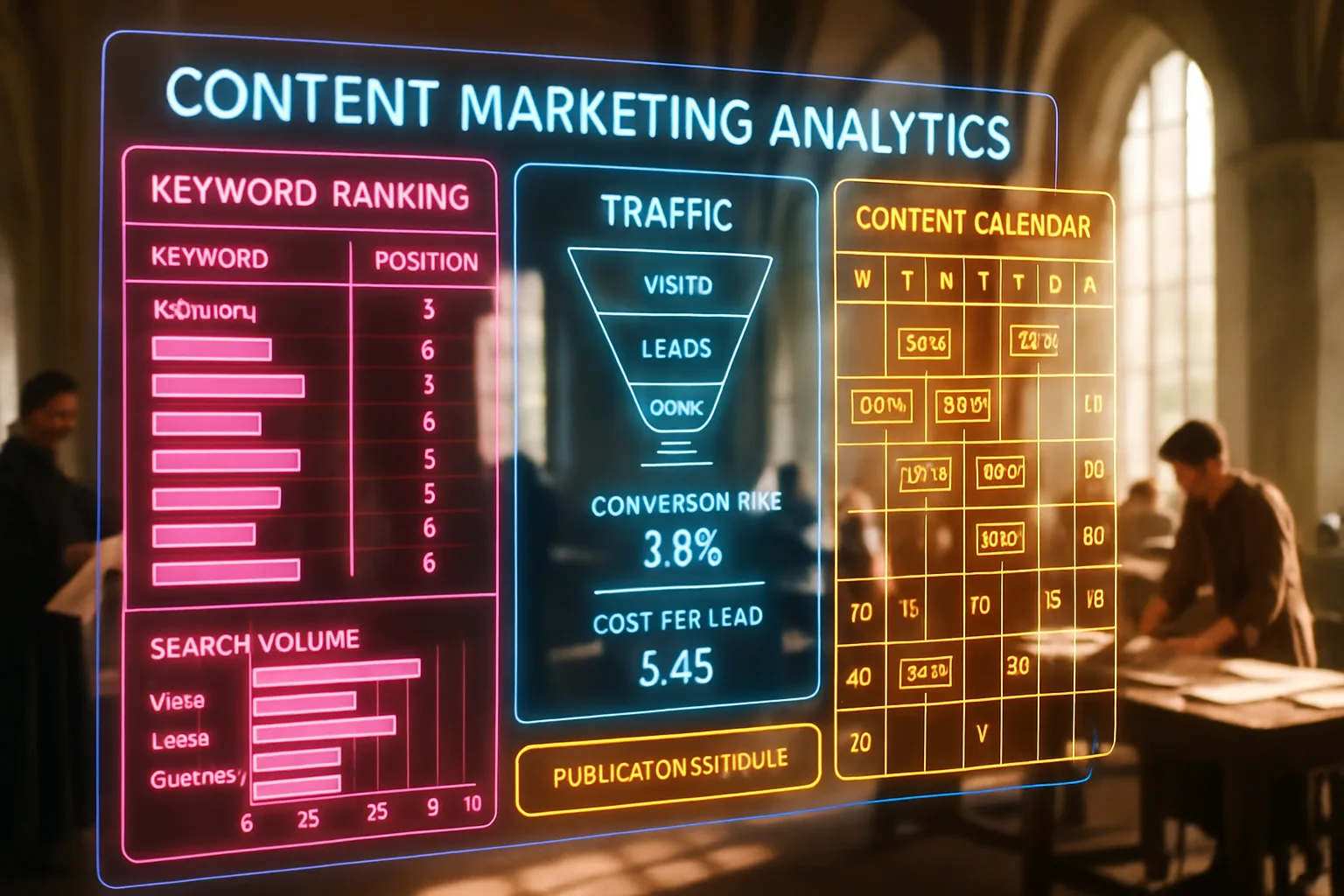 A neon holographic analytics dashboard displaying estate agent content marketing performance data glows over a sunlit medieval guild hall where scribes and merchants exchange documents.