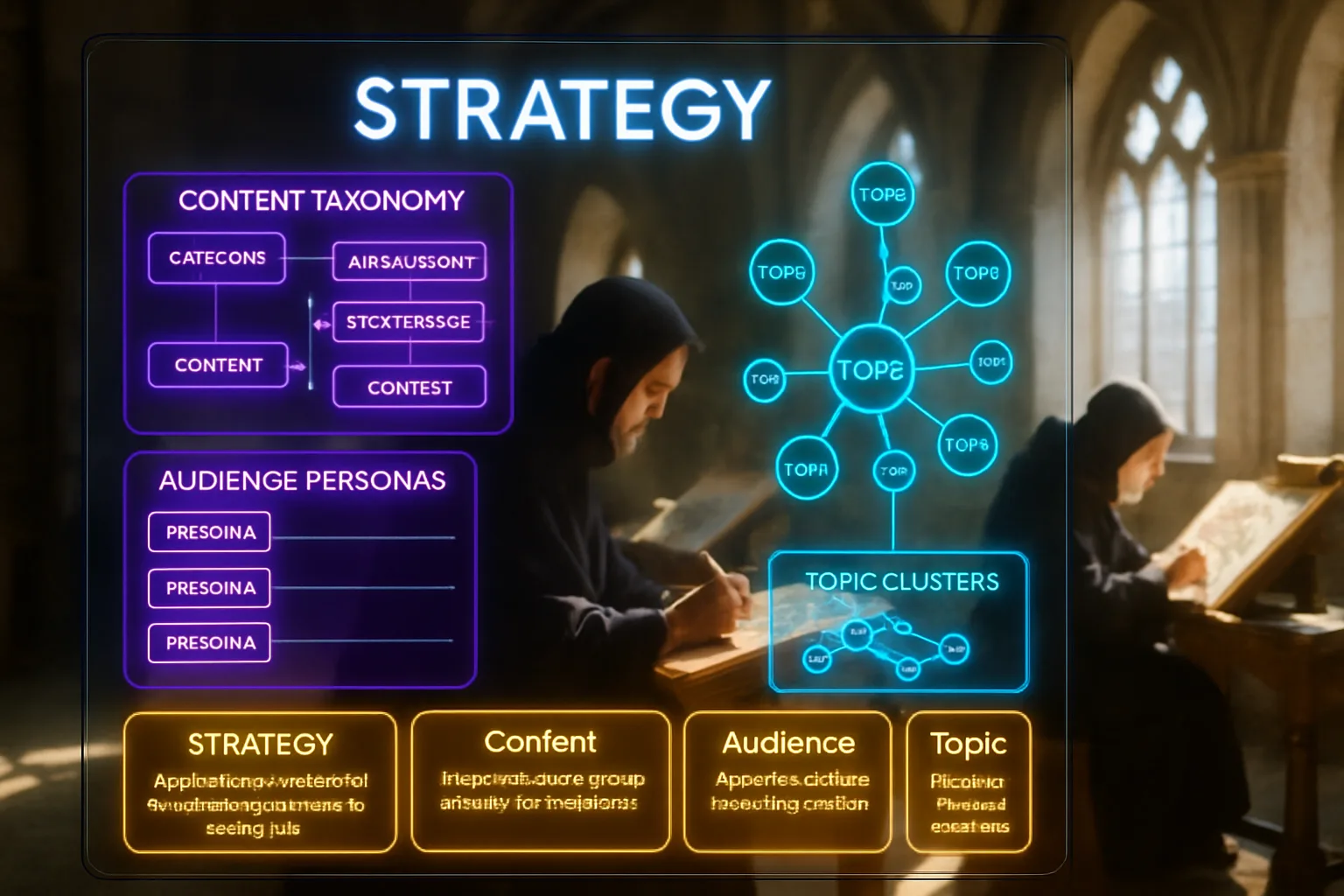 A neon holographic dashboard glowing in violet and turquoise fills the foreground with content strategy maps and topic clusters, while a sunlit medieval scriptorium with monks writing at desks is softly visible behind the panels.