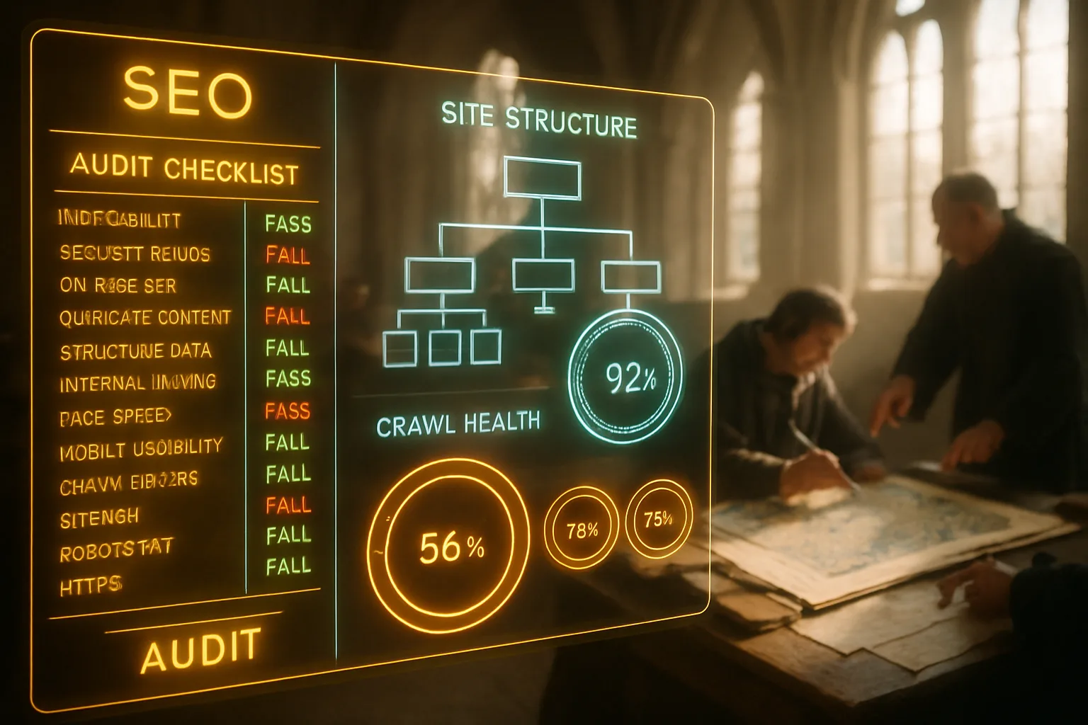 A neon holographic audit overview dashboard glowing with amber gold and turquoise panels fills the frame, with a bright medieval scriptorium visible behind it where a scribe annotates a large illuminated map.