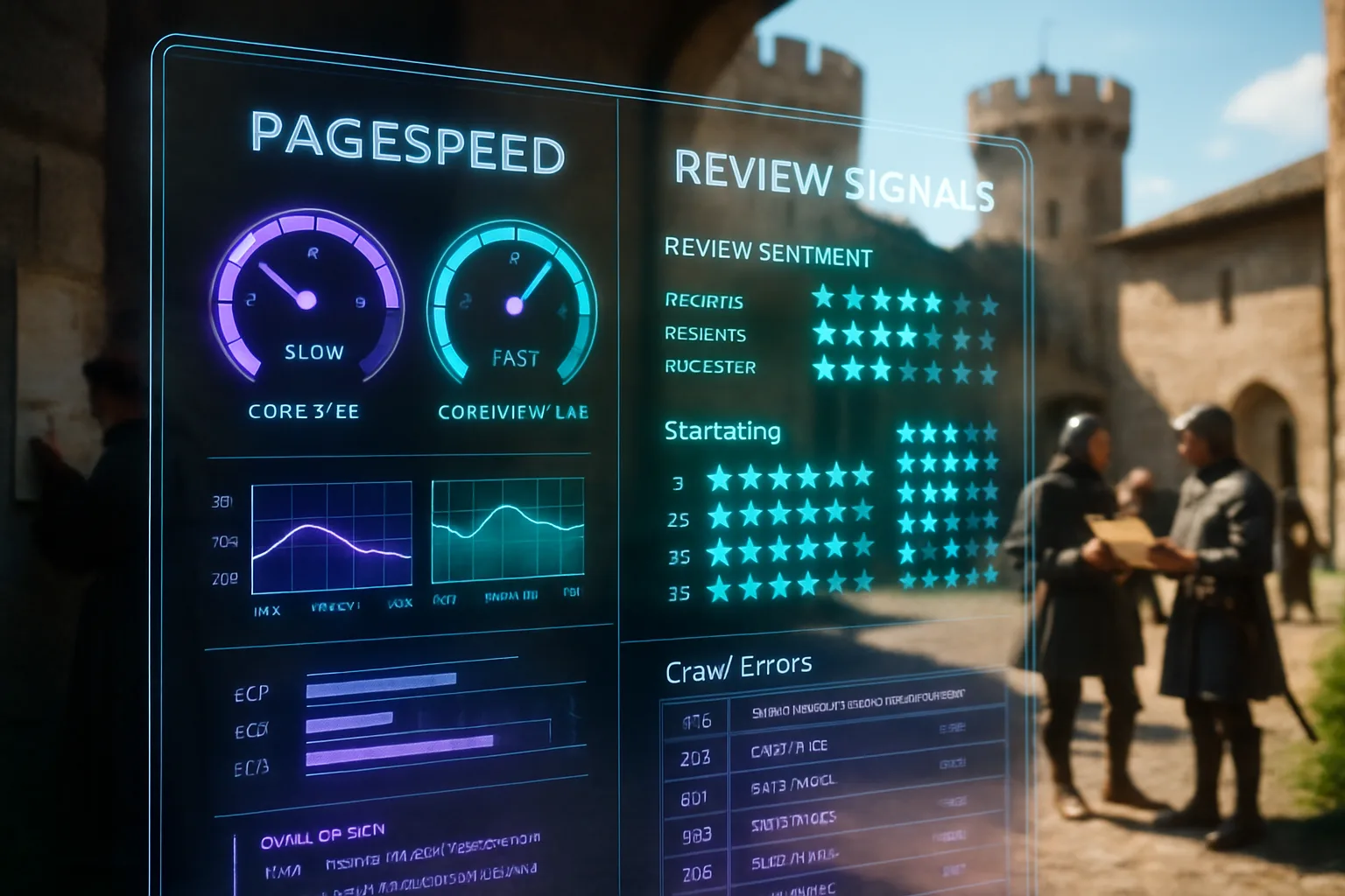 A neon holographic technical SEO and review signals dashboard glowing with violet and turquoise panels fills the frame, with a bright medieval castle courtyard visible behind it where a herald posts notices while stewards confer nearby.