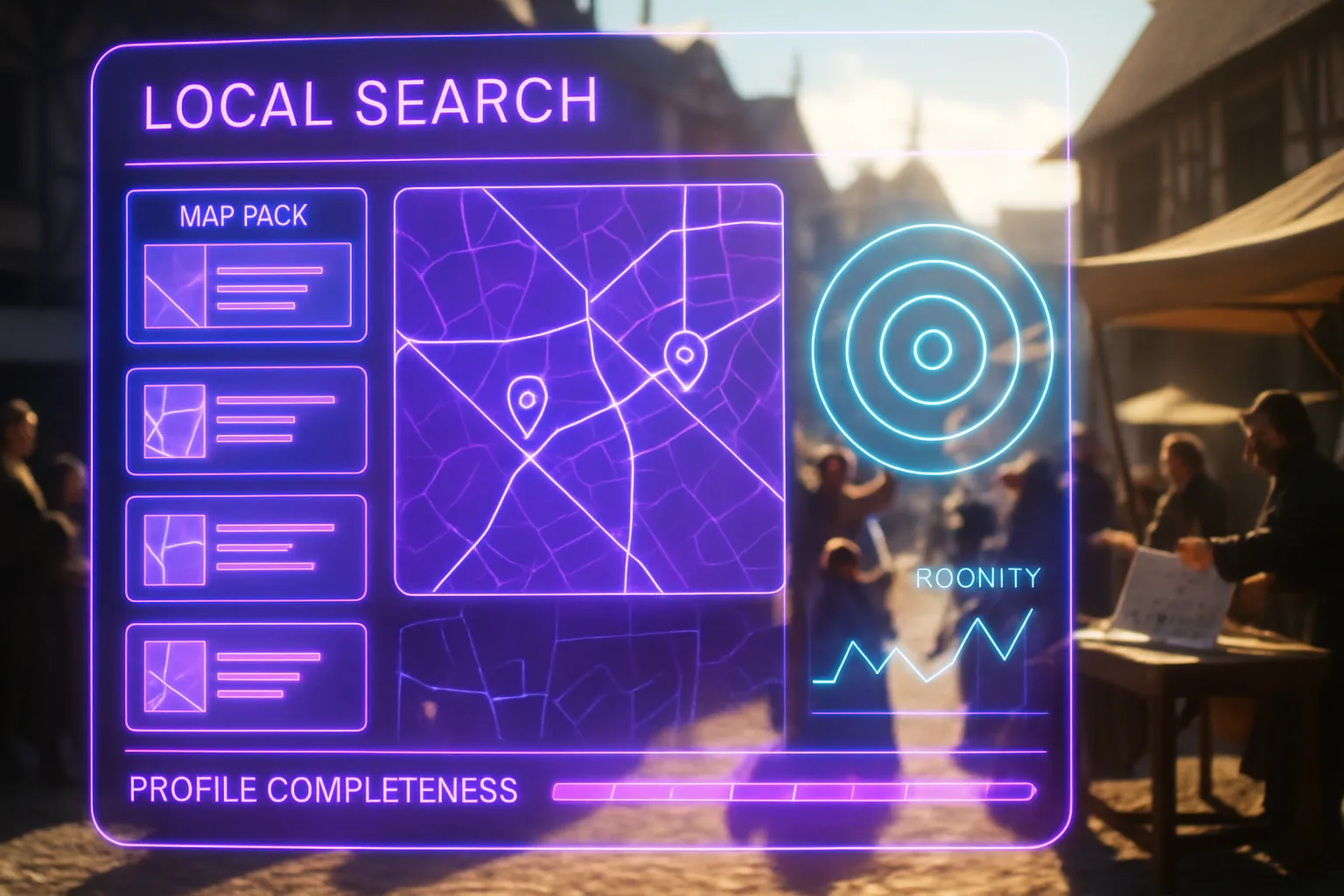 A violet and turquoise neon holographic local search dashboard fills the frame, with a bright sunlit medieval market square visible behind it where a crier addresses a crowd near displayed plans.