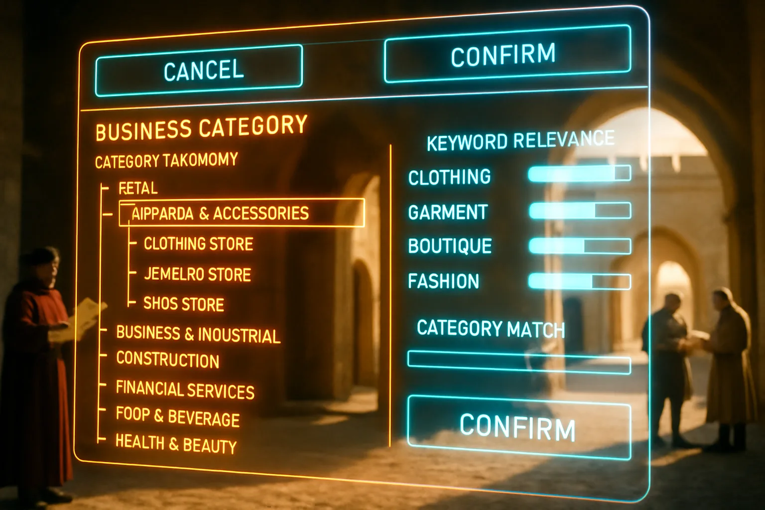 An orange and cyan neon holographic category selection dashboard dominates the foreground while a bright medieval castle courtyard with a herald and officials is softly blurred behind it.