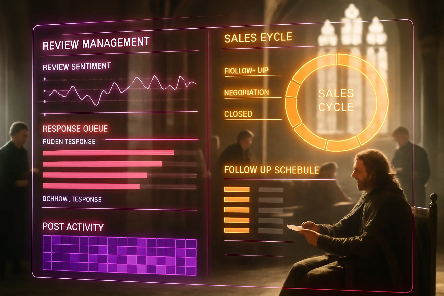A magenta and amber gold neon holographic review management dashboard fills the frame in sharp focus, with a sunlit medieval great hall scene of a steward delivering a letter softly blurred behind it.
