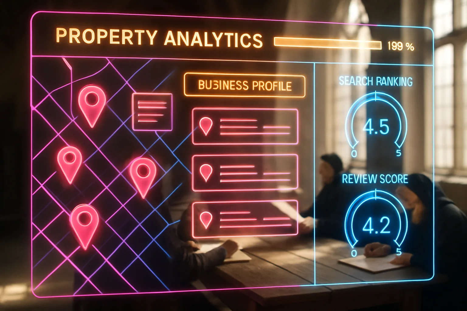 A neon holographic Google Business Profile property developers dashboard glows in the foreground with pink location maps and blue ranking dials, while a sunlit medieval guild hall scene plays out behind it.