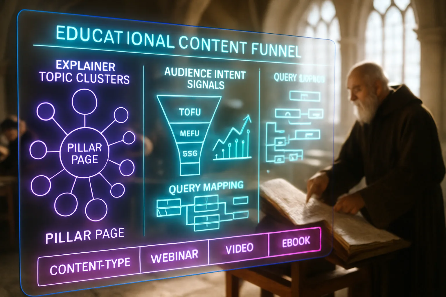 A violet and turquoise neon holographic content funnel dashboard glows in the foreground while a bright sunlit medieval scriptorium with scribes and manuscripts is visible behind it.