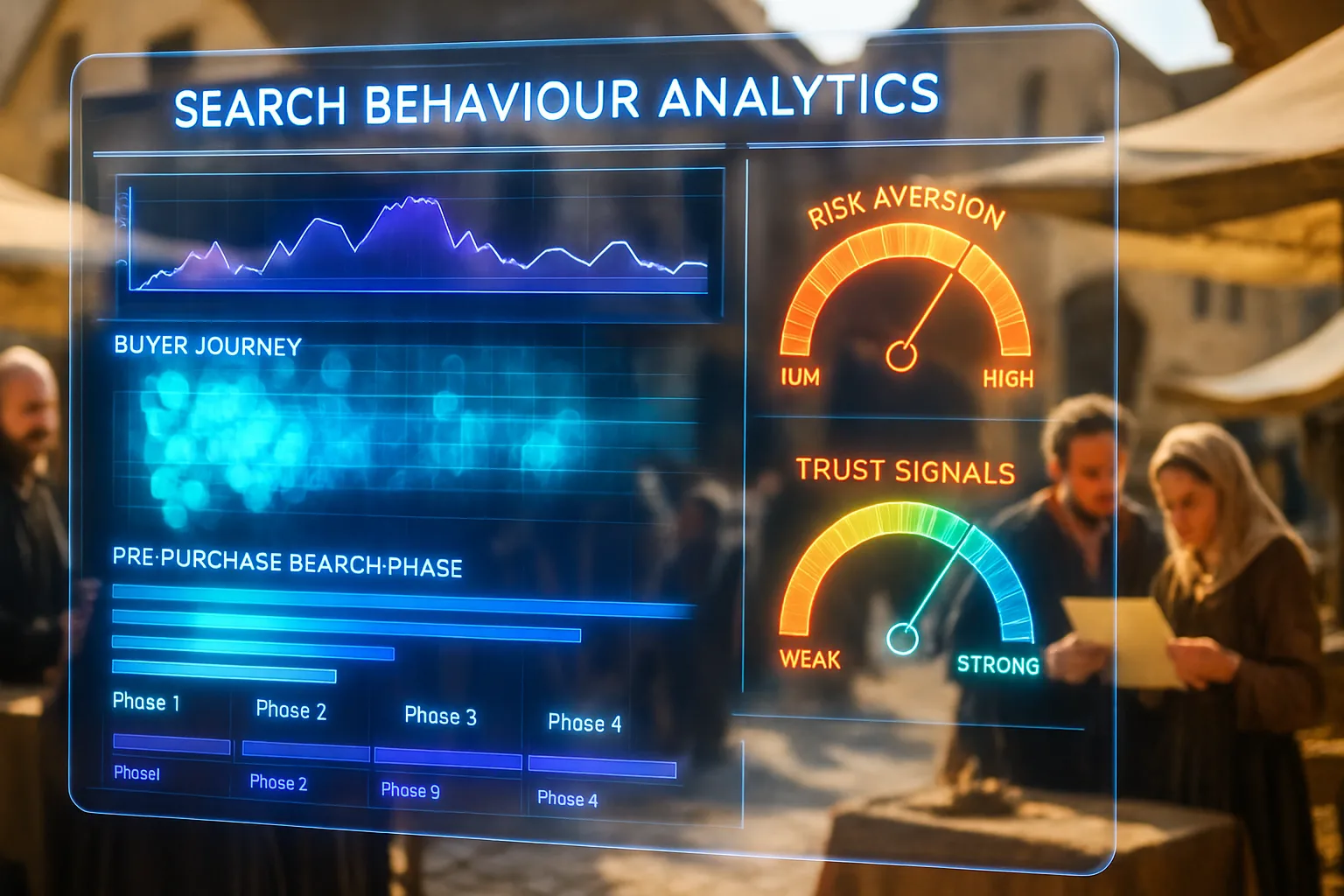 A cyan, orange, and purple neon holographic search behaviour dashboard fills the frame, with a bright sunlit medieval market square showing townsfolk consulting an adviser visible behind the glowing panels.