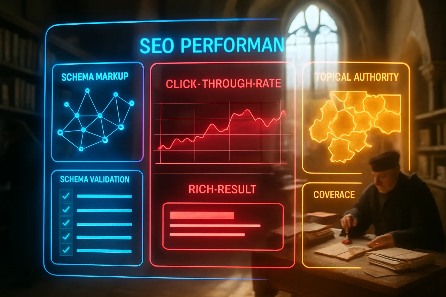 An electric blue, red, and amber neon holographic SEO schema and performance dashboard dominates the frame, with a bright daylit medieval royal treasury where clerks organise ledgers visible softly behind the panels.