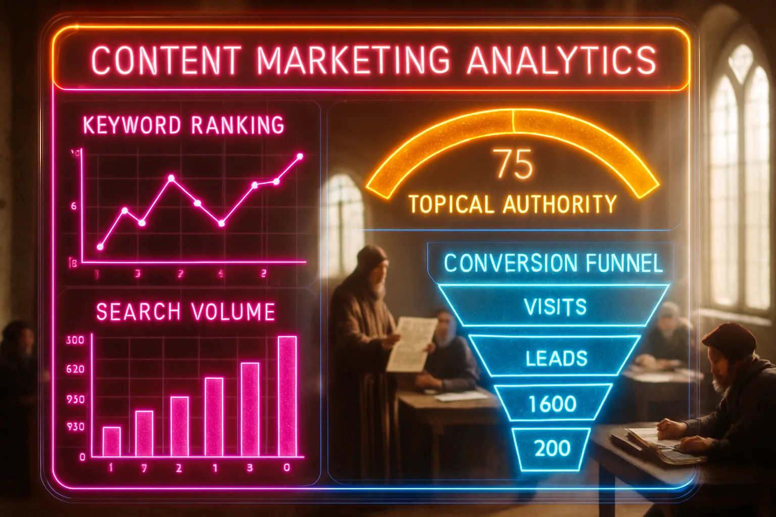A neon holographic content analytics dashboard glowing with pink, blue, and amber light, illustrating insurance broker content marketing strategy through ranking charts and conversion metrics.