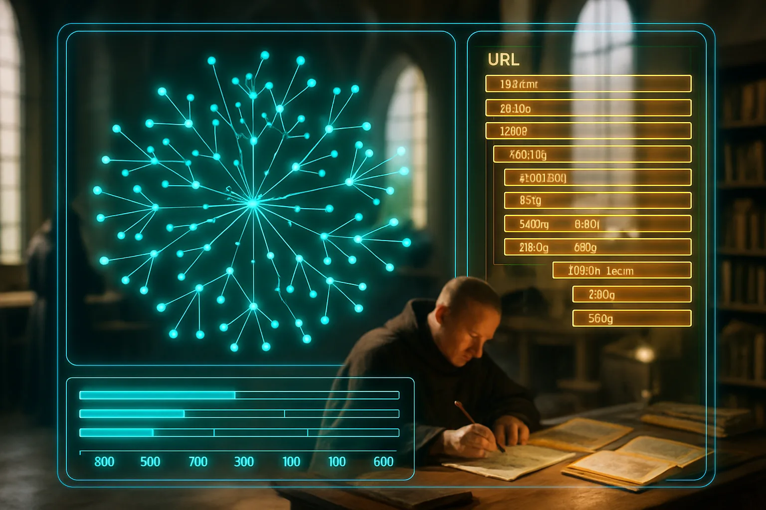 A neon turquoise and amber holographic web crawl dashboard fills the frame, while behind it a sunlit medieval scriptorium shows a monk connecting illuminated manuscript pages with drawn lines.