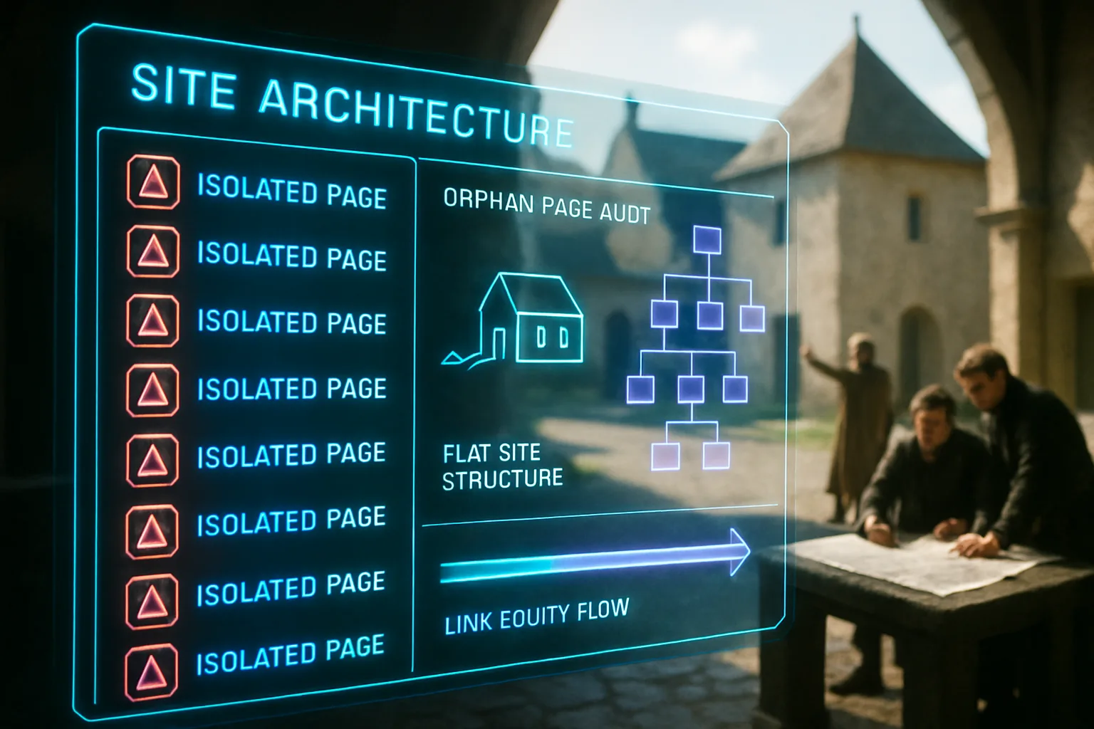 A neon cyan and purple orphan-page audit and site architecture dashboard fills the foreground, with a bright medieval castle courtyard scene showing a steward pointing to an isolated building visible softly behind it.
