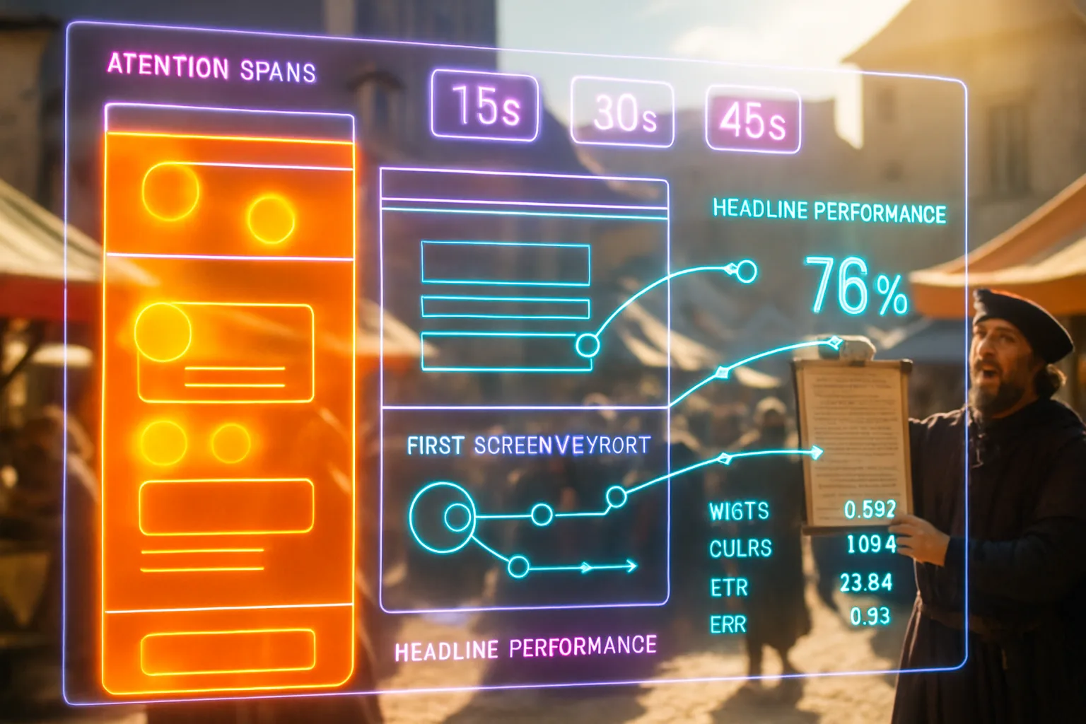 A neon holographic HUD displaying above-the-fold heatmaps and first-screen viewport metrics in orange and cyan, with a sunlit medieval market square and busy merchants softly blurred behind.