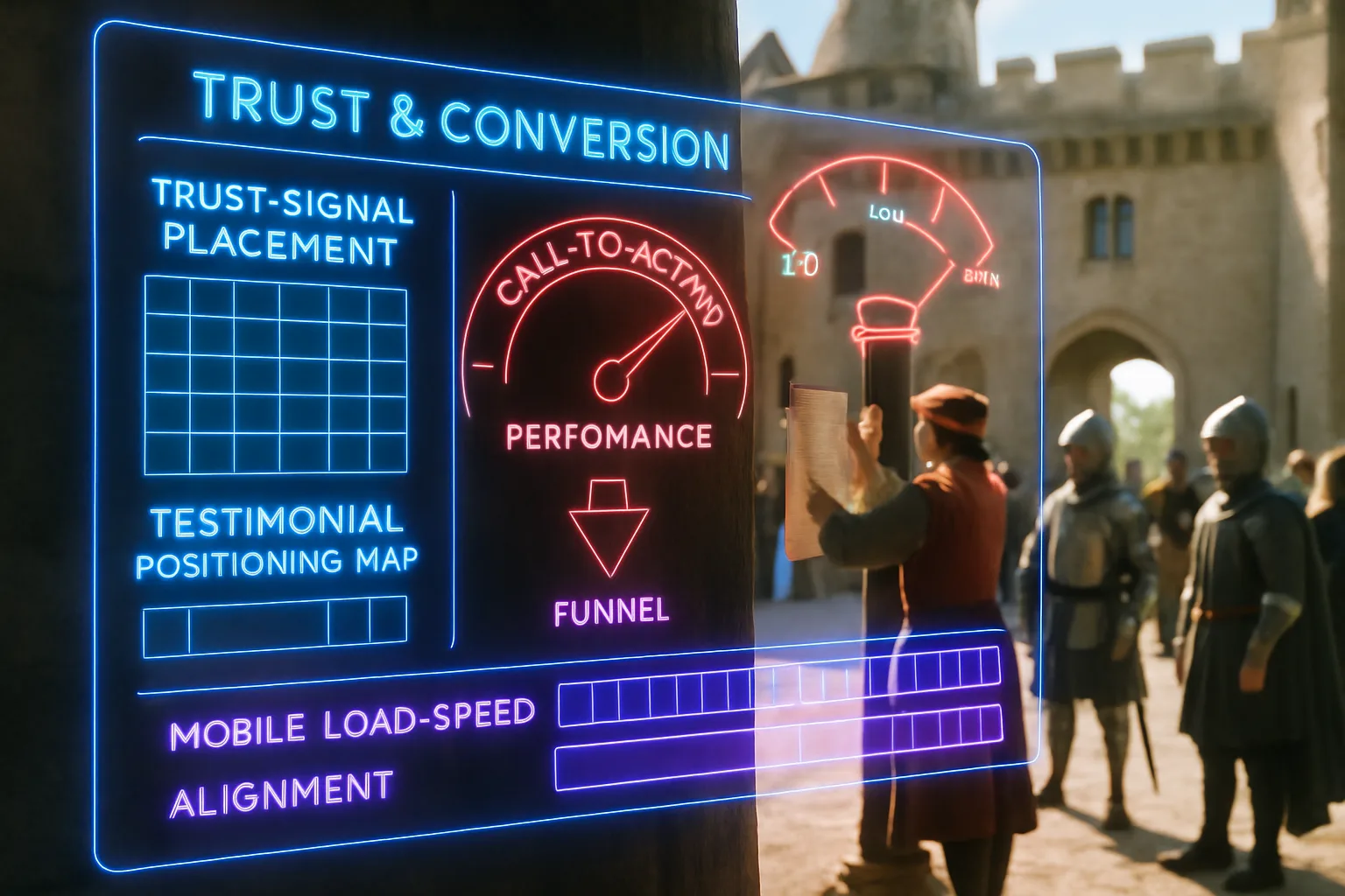 A neon holographic HUD showing trust-signal placement grids and call-to-action performance gauges in blue, magenta and purple, with a bright medieval castle courtyard scene softly blurred in the background.
