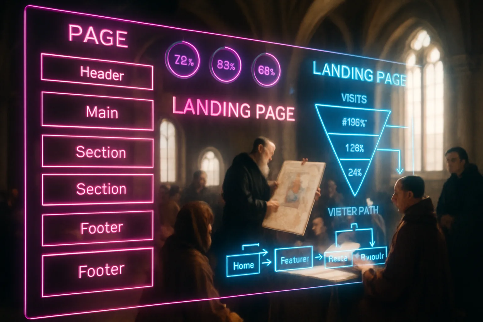 A neon holographic analytics dashboard displaying landing page structure diagrams and visitor conversion flows, with a sunlit medieval great hall visible behind the glowing panels.