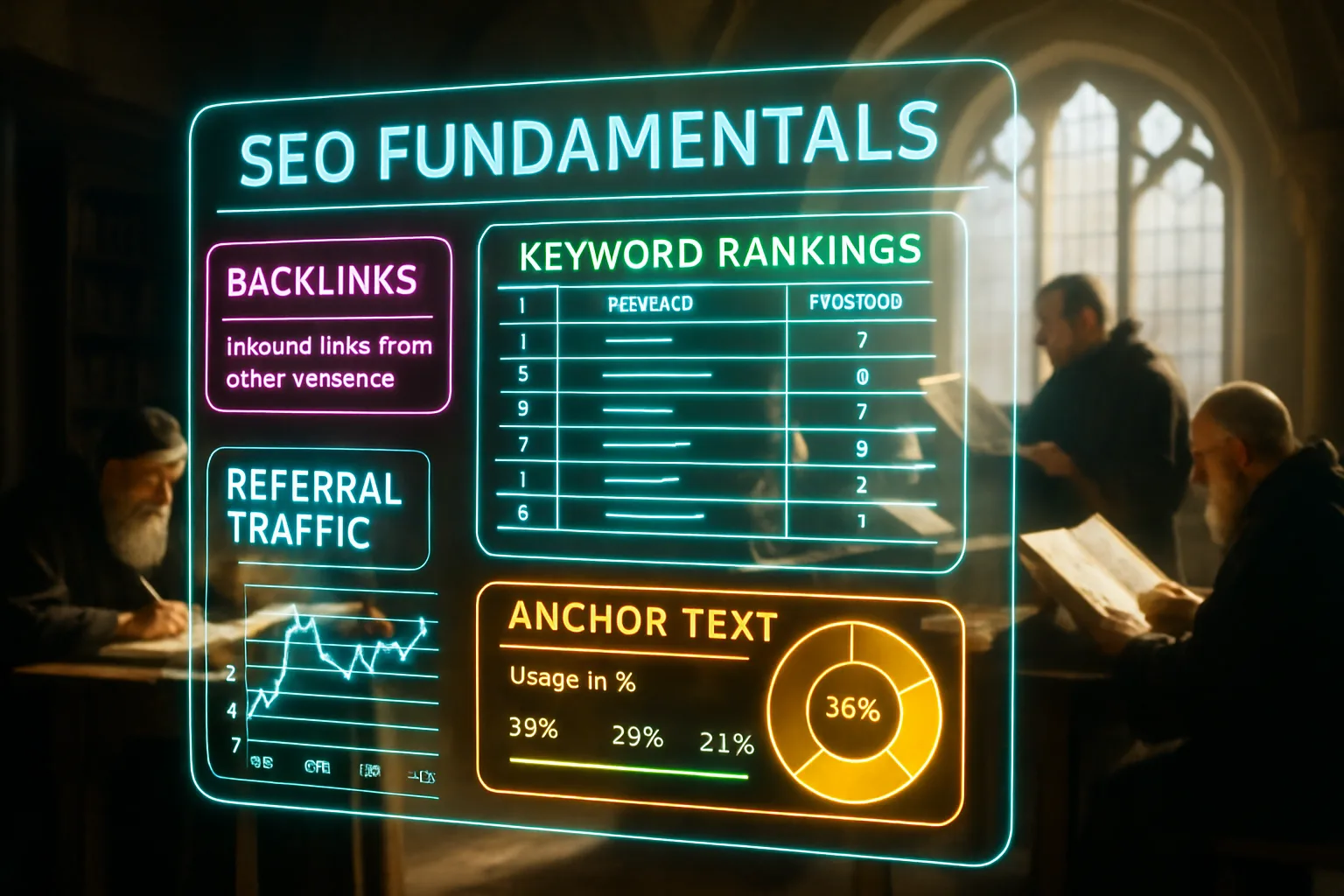 A neon turquoise and magenta HUD showing backlink definition diagrams and referral traffic charts, with a bright sunlit medieval scriptorium and scribes copying manuscripts softly blurred behind the glowing panels.