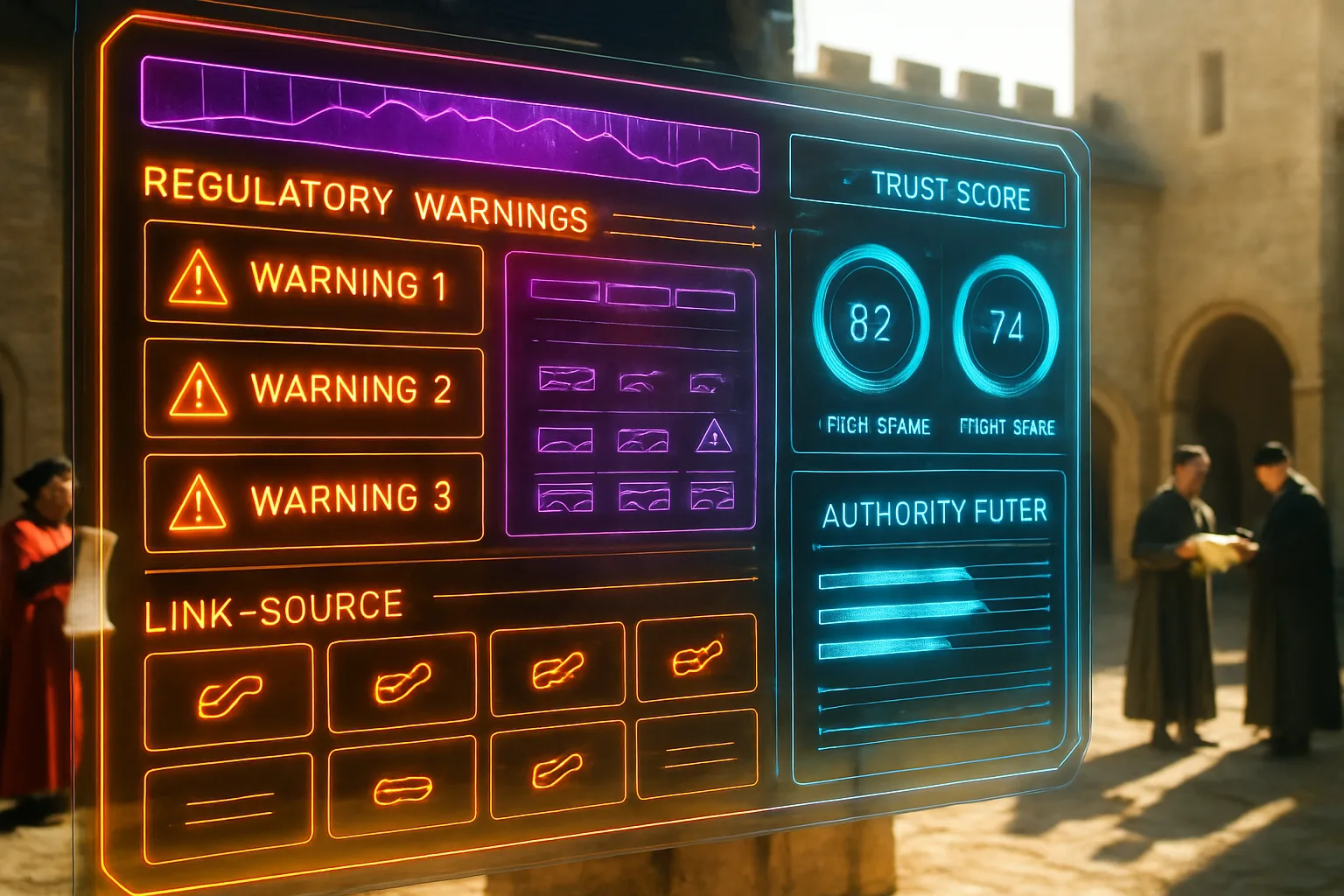 A neon orange and cyan compliance monitoring HUD displaying trust-score gauges and penalty-risk heat maps, with a bright sunlit medieval castle courtyard and courtiers listening to a herald softly blurred in the background.