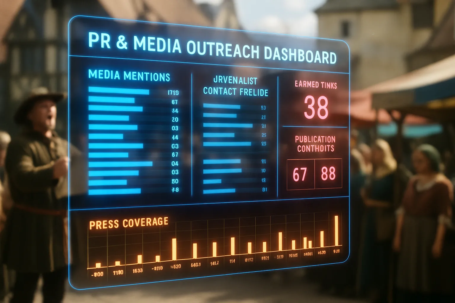 A neon electric blue and amber digital PR dashboard showing media mention trackers and earned-link counters, with a bright sunlit medieval market square and a town crier addressing a crowd softly blurred behind the glowing panels.