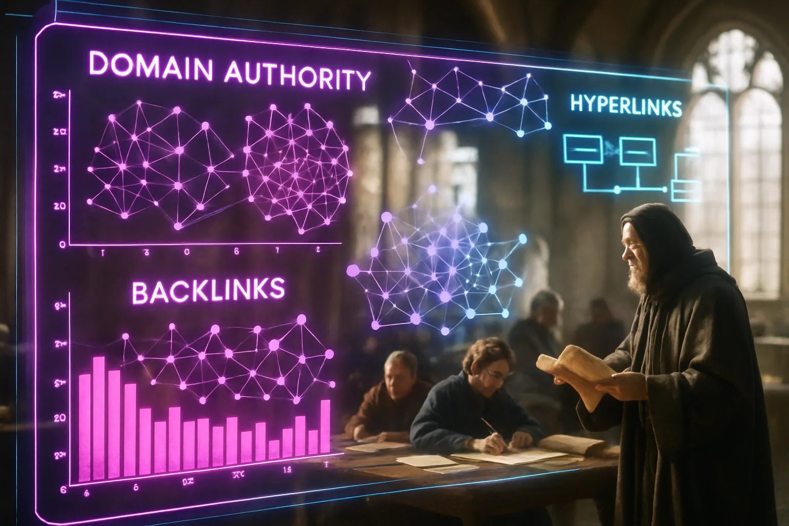 A neon holographic analytics HUD displaying financial advisor link building metrics — backlink graphs, domain authority scores and network maps — with a sunlit medieval guild hall visible behind the glowing panels.