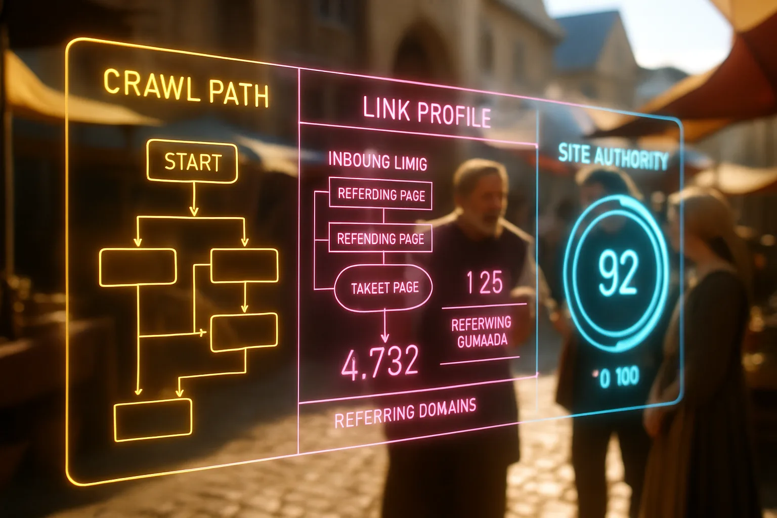 A neon holographic dashboard showing link profile diagrams in magenta and amber glows in the foreground, with a bright sunlit medieval market square and merchants in conversation visible softly behind it.