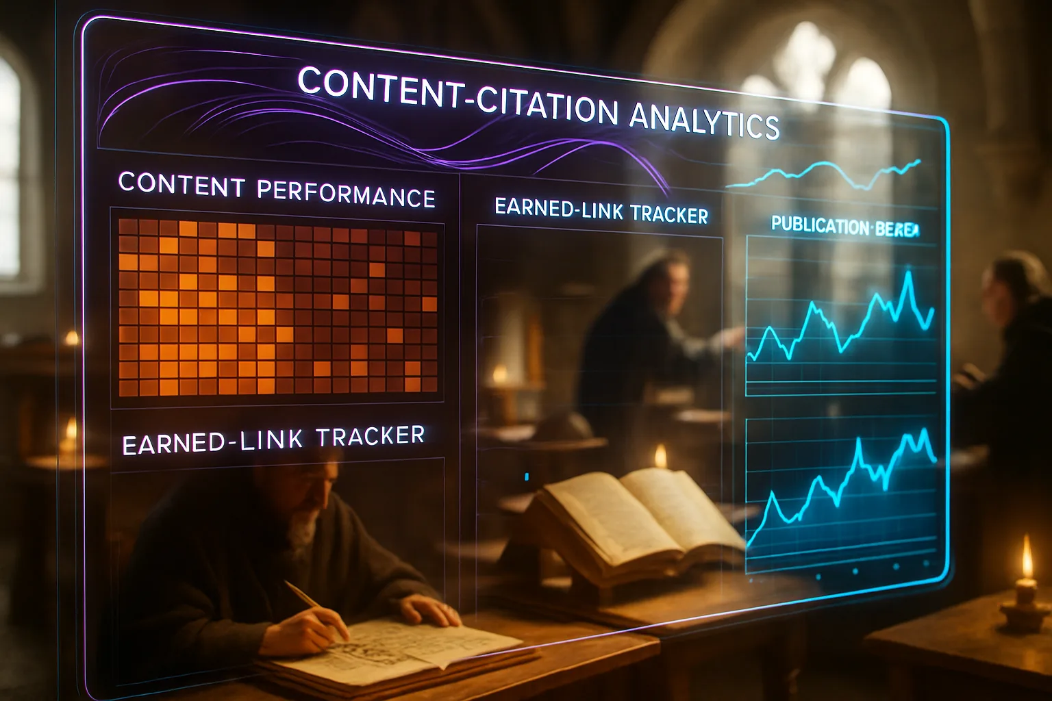 A neon holographic dashboard in orange and cyan tracking content citations glows prominently in the foreground, with a bright daylit medieval scriptorium and scribes working at writing desks visible softly behind.