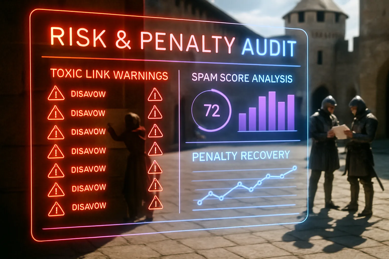 A neon holographic audit dashboard with red and violet toxic-link warnings glows in the foreground, while a bright sunlit medieval castle courtyard with a herald and guards is visible softly behind it.