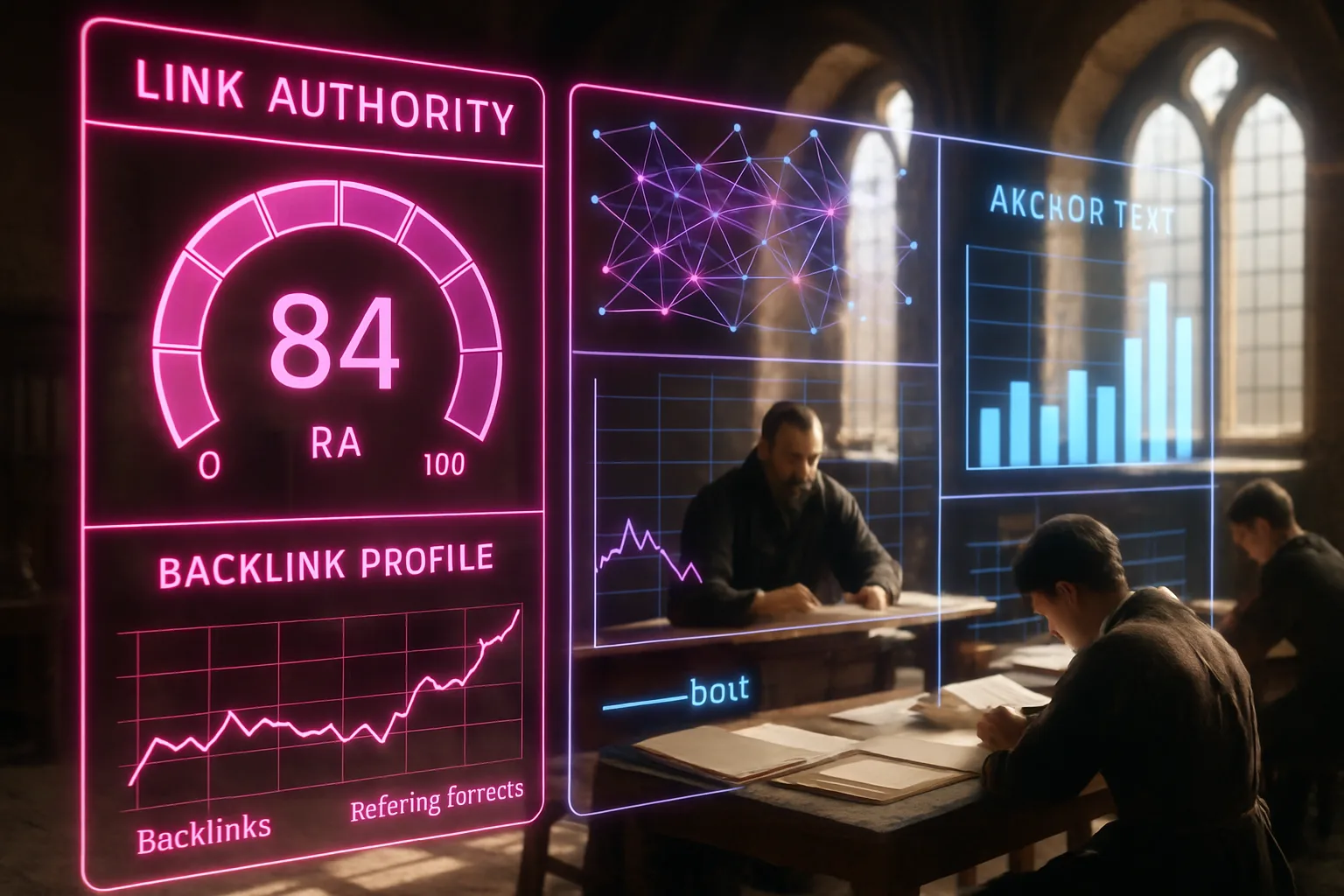A vivid neon holographic analytics dashboard displaying insurance broker link building metrics glows in the foreground while a sunlit medieval guild hall with figures reviewing ledgers is visible behind it.
