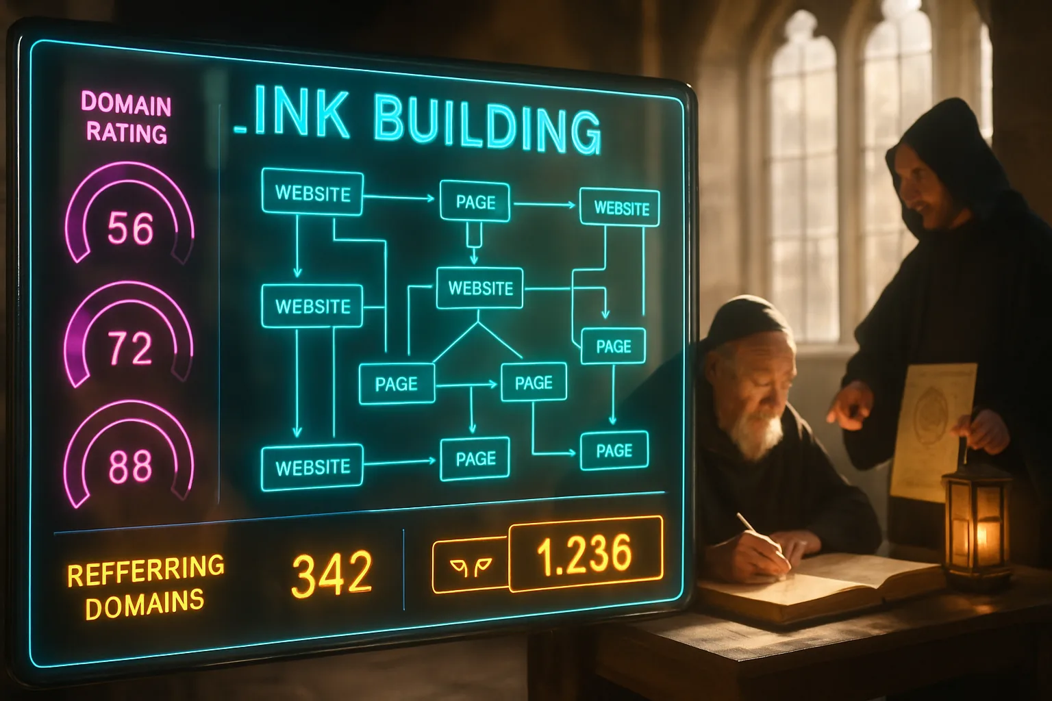 A neon turquoise and magenta holographic dashboard displaying link flow diagrams and domain rating gauges, with a sunlit medieval scriptorium visible behind it where monks study illuminated manuscripts.