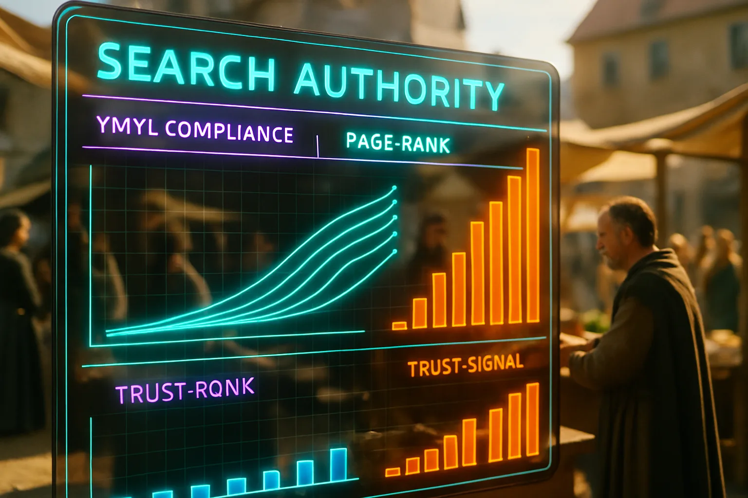 A neon orange and cyan holographic search authority dashboard with trust-signal charts glows in the foreground, with a bright sunlit medieval market square visible behind it where a healer distributes remedy scrolls.