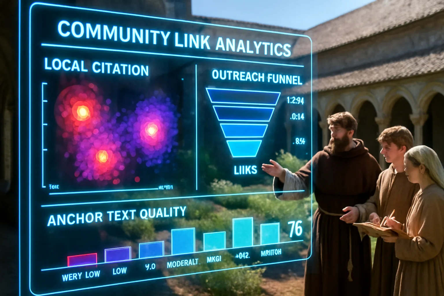 A neon violet and electric blue holographic dashboard displaying local citation heat-maps and outreach metrics glows in the foreground, with a bright sunlit medieval monastery garden visible behind it where a physician instructs apprentices.