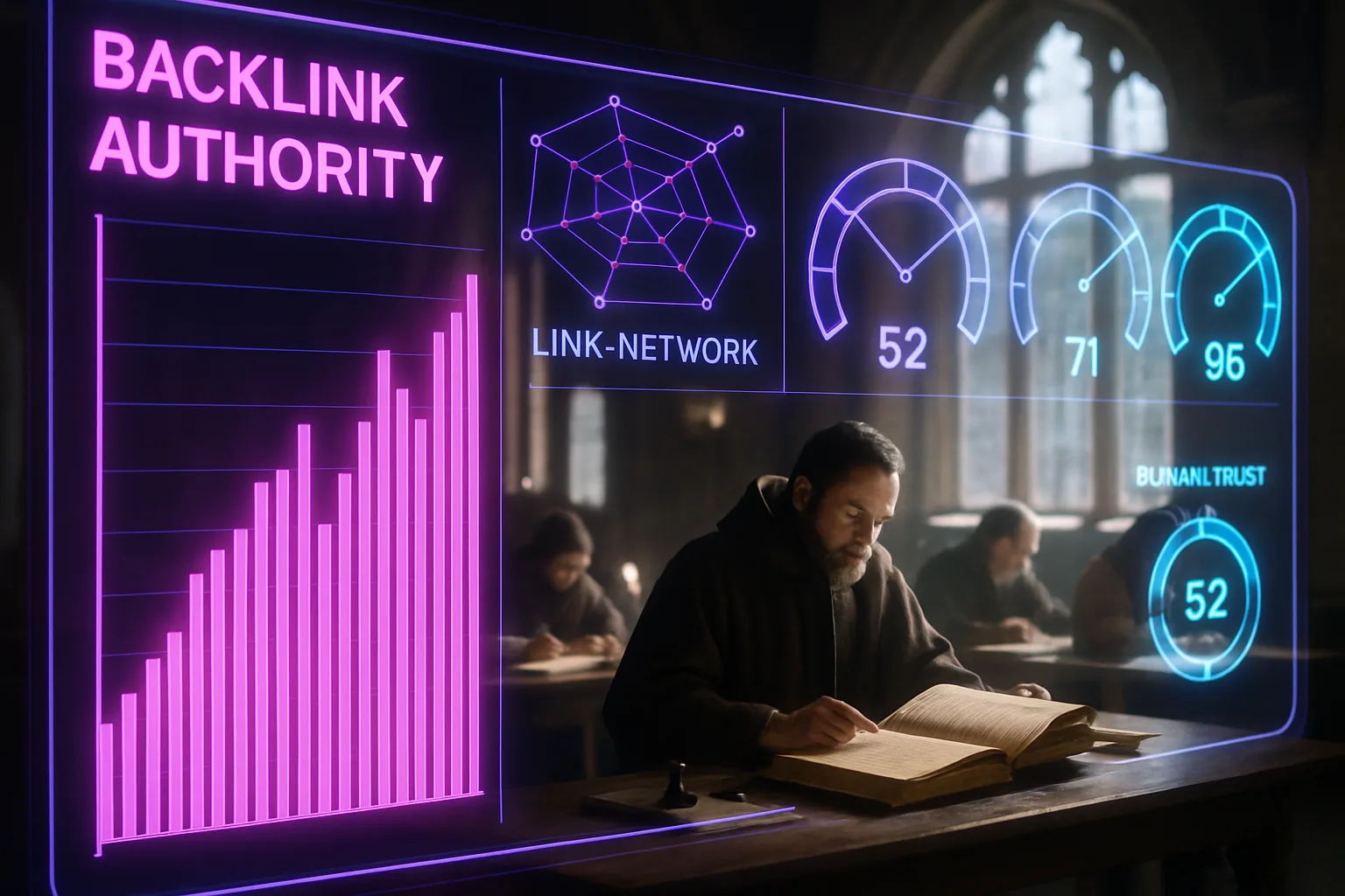 A neon holographic SEO dashboard showing link authority metrics glows in the foreground, representing medical practice link building strategy for South African doctors, with a sunlit medieval great hall visible behind it.