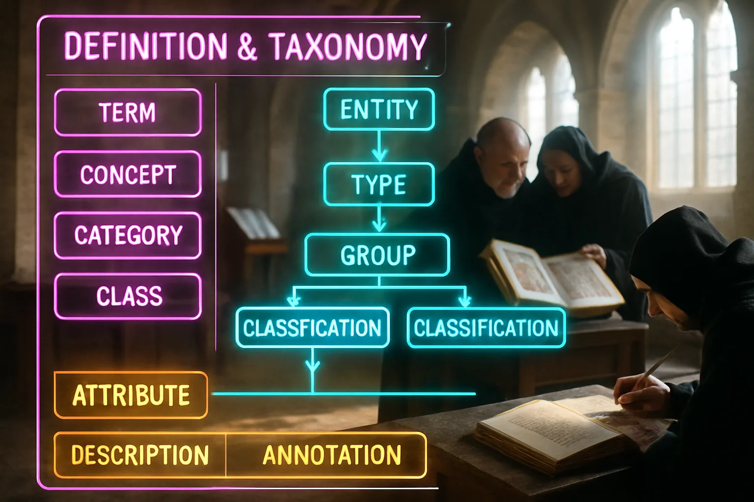 A neon holographic taxonomy dashboard glows over a softly blurred sunlit medieval scriptorium where monks examine an illuminated manuscript, representing the concept of defining and cataloguing web content for AI systems.