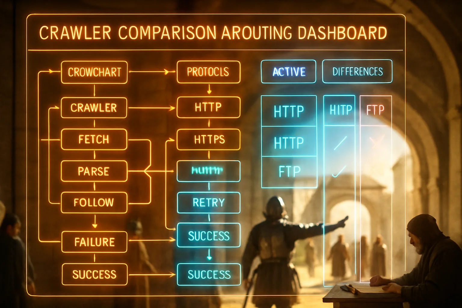 A neon holographic routing dashboard with orange flowcharts and cyan columns glows in the foreground while a medieval gatekeeper directs travellers through separate arched passages in bright daylight, illustrating how AI crawlers require different instructions from search crawlers.