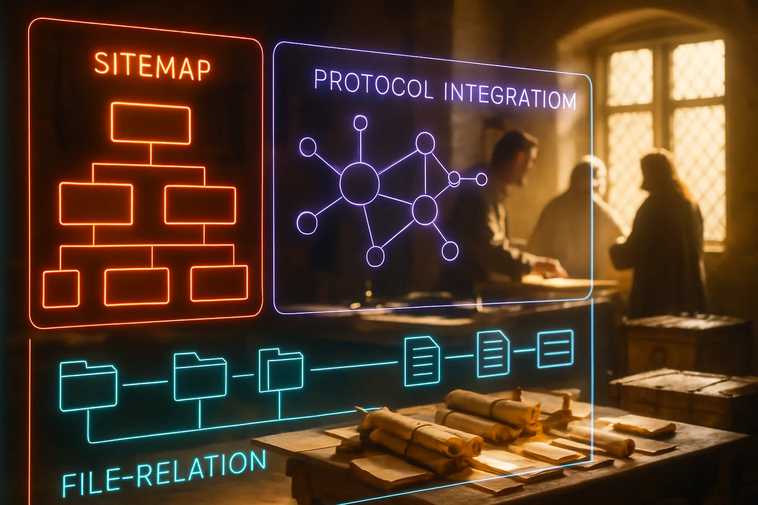 A neon holographic integration dashboard with violet node maps and turquoise file-relation lines glows in the foreground while a medieval steward organises scrolls in a sunlit royal treasury, representing how llms.txt fits alongside robots.txt and a sitemap.