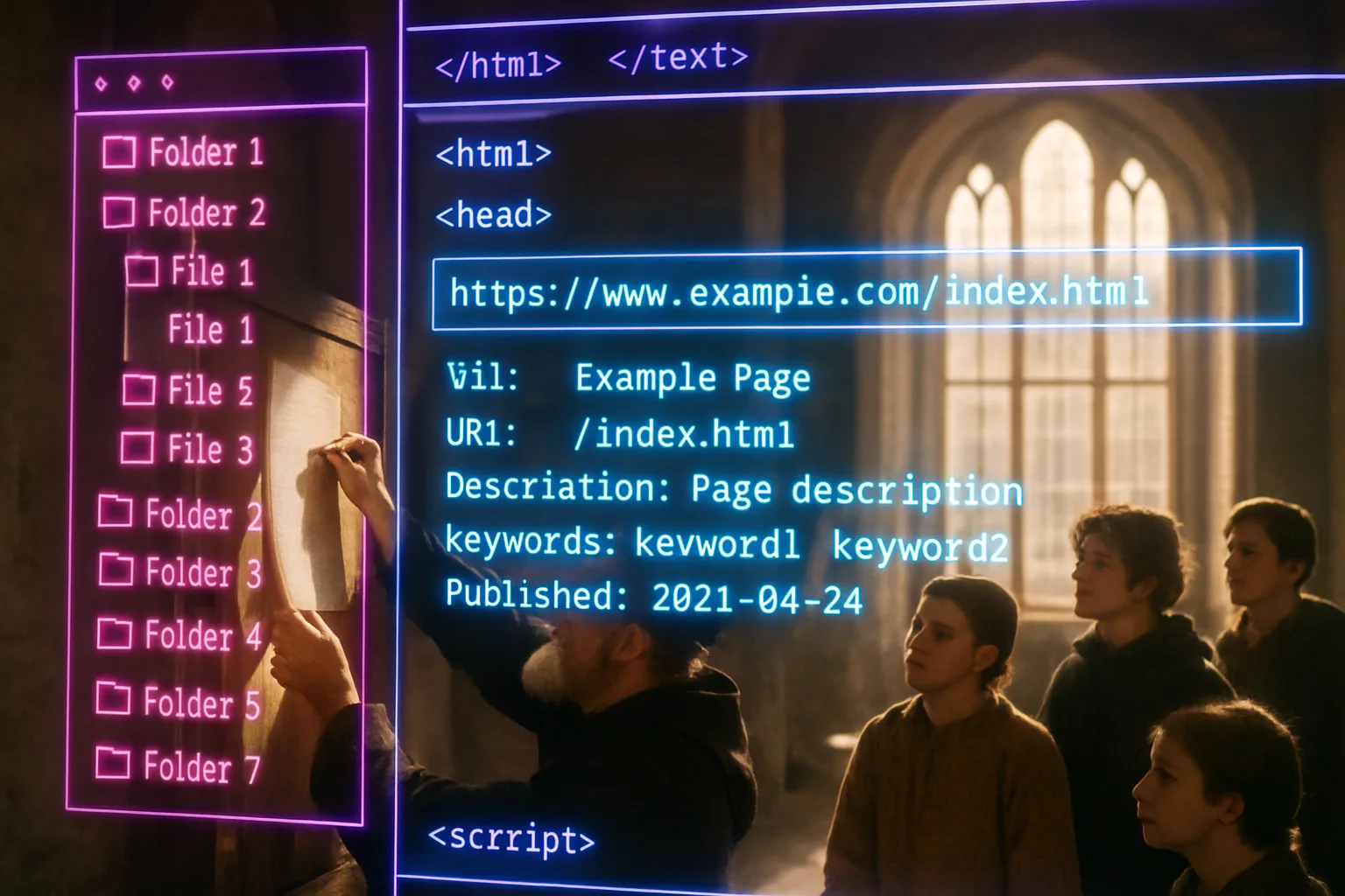 A neon holographic file-structure dashboard glows in the foreground while a medieval scribe posts a document in a sunlit guild hall, illustrating how an llms.txt file helps AI crawlers navigate website content.
