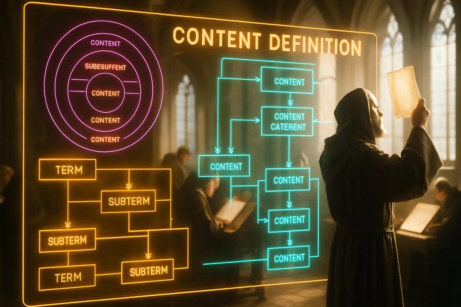 A glowing amber and turquoise holographic content taxonomy dashboard fills the frame over a bright sunlit medieval scriptorium where monks copy manuscripts at writing desks.