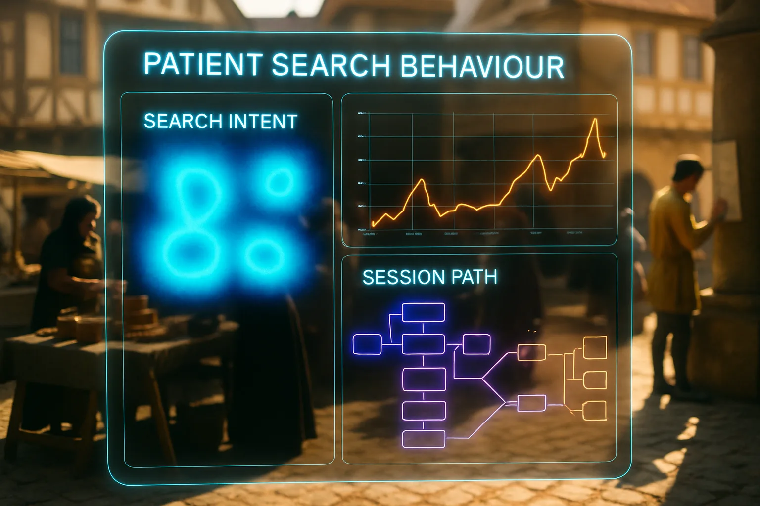 A vivid cyan and orange holographic patient search-behaviour dashboard glows in the foreground over a bright sunlit medieval market square busy with merchants and townspeople.